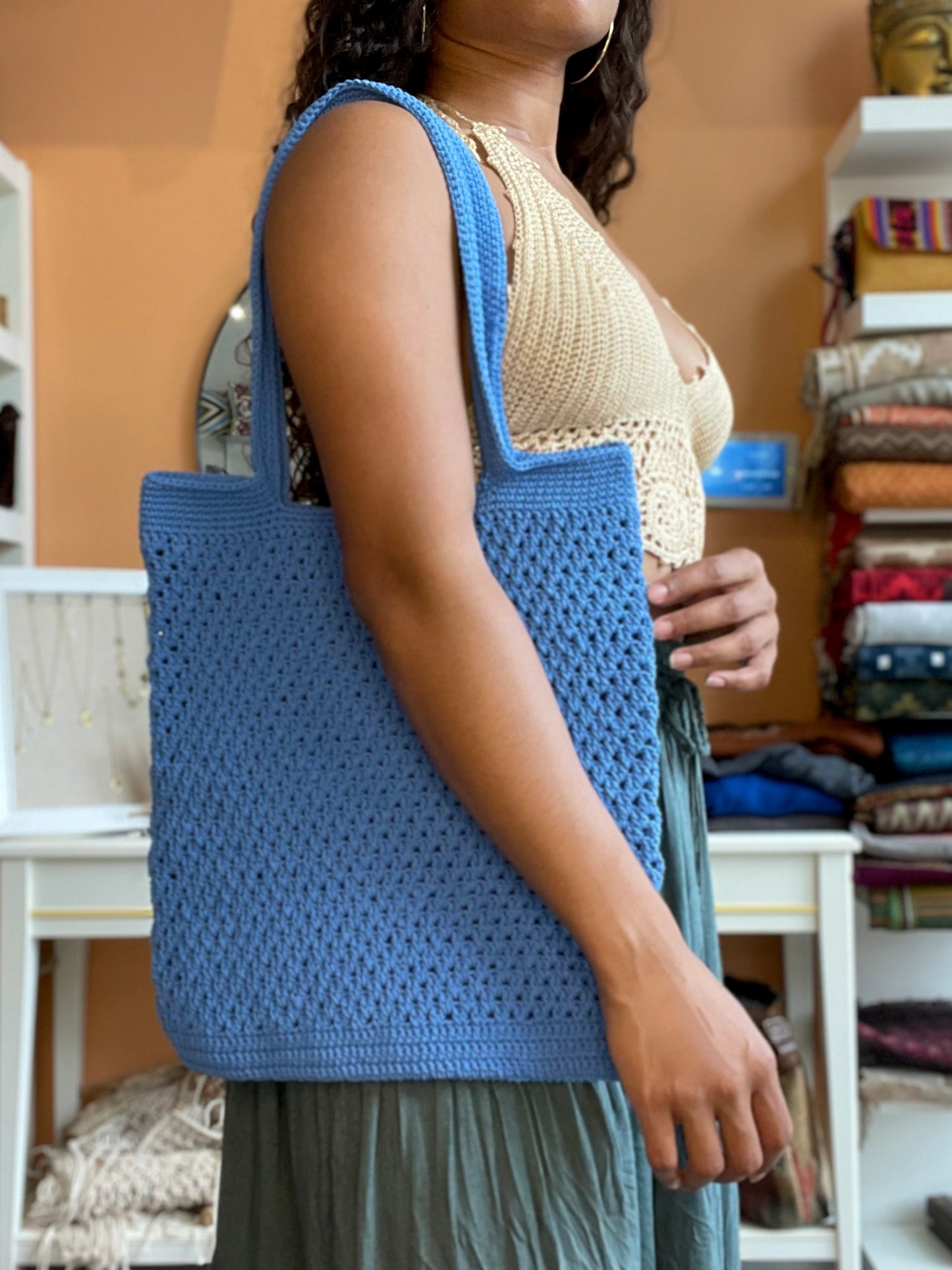 Blue Hand Knitted Tote Bag