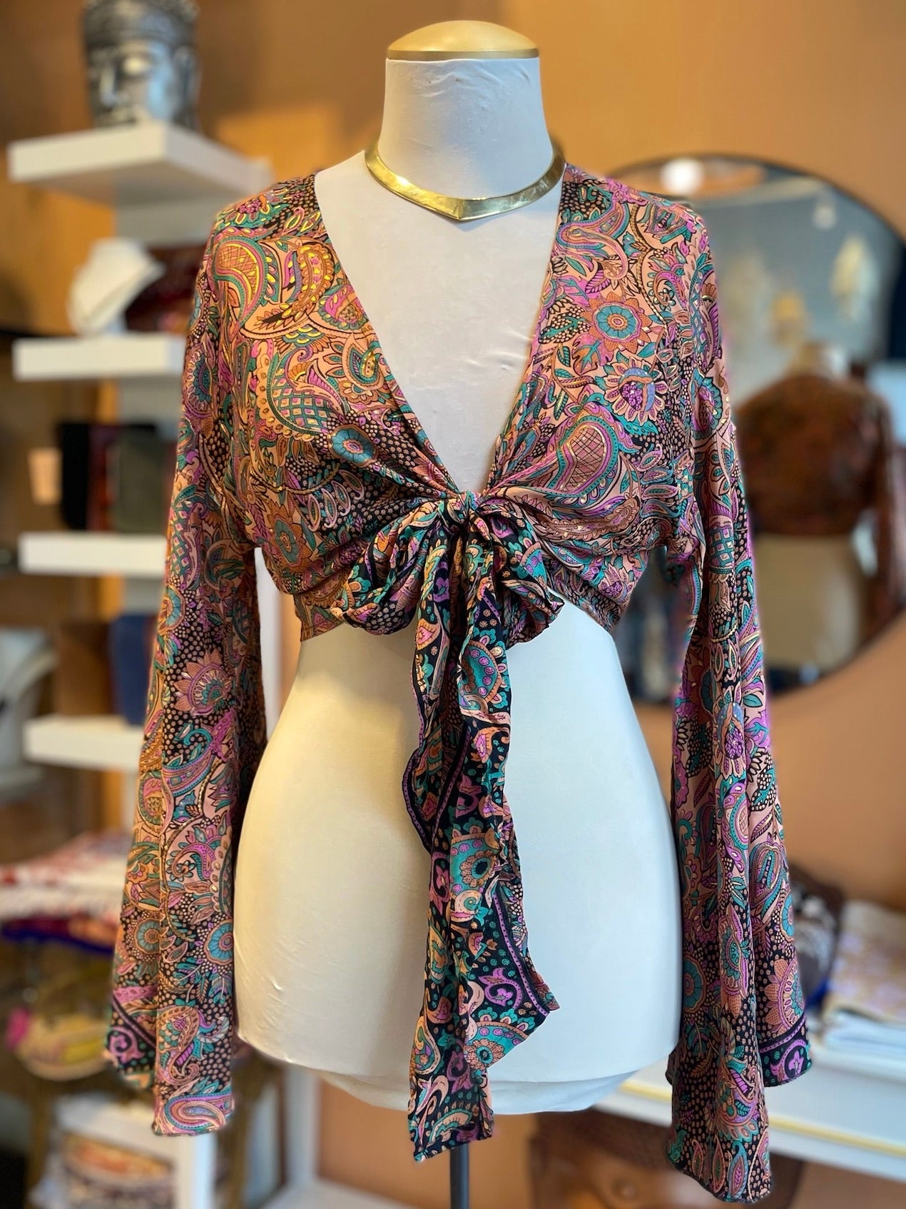 Pink/Teal/Black/Gold Paisley Bell Sleeve Wrap Top