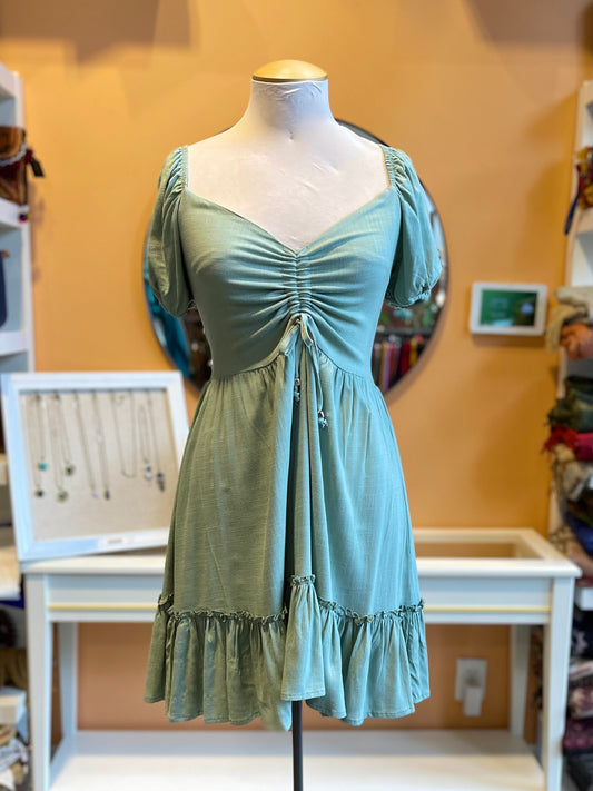 Mint Ruched Bust Linen Babydoll Dress