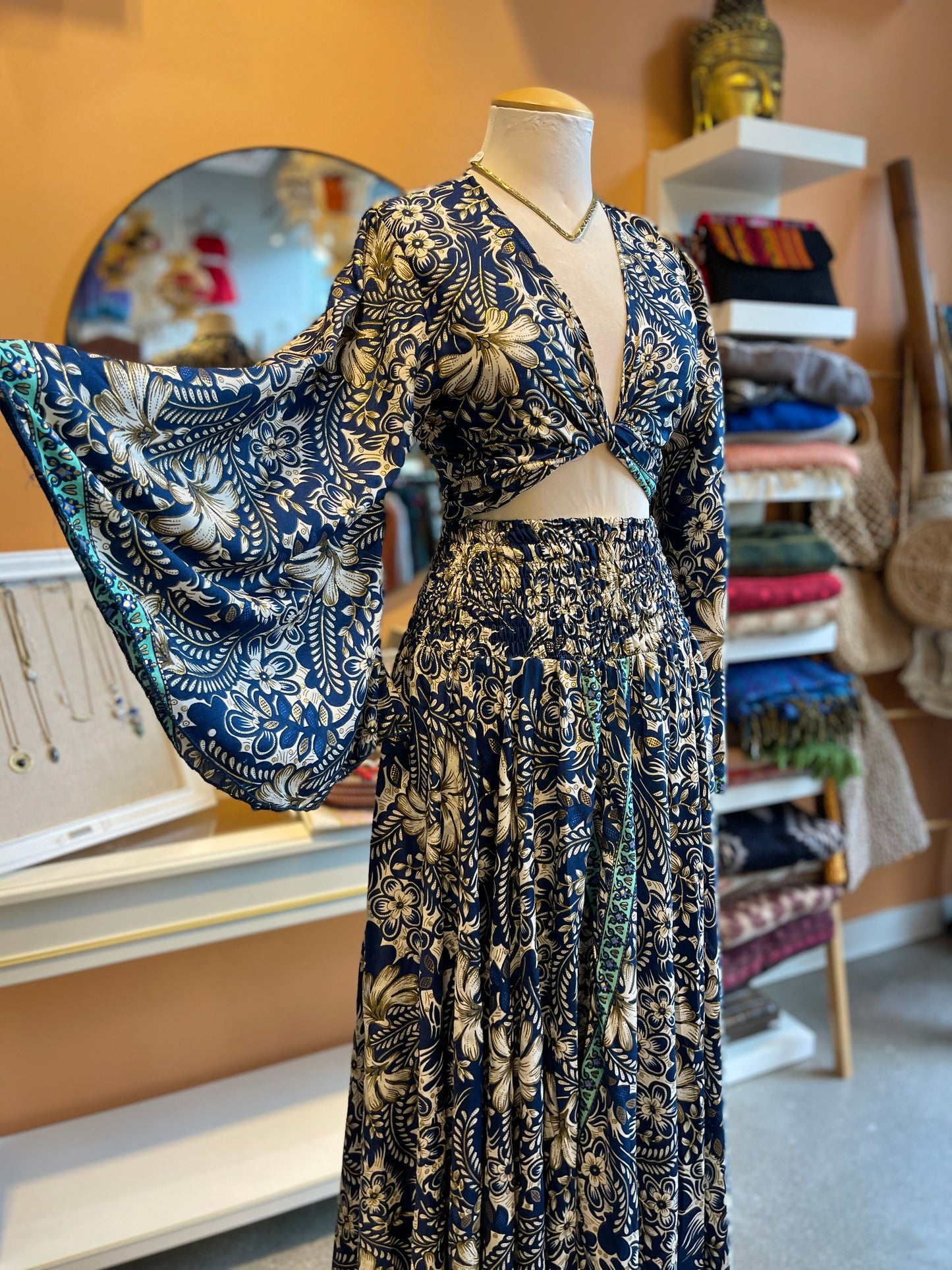 Blue/White/Gold Floral Bell Sleeve Wrap Top Maxi Skirt Set