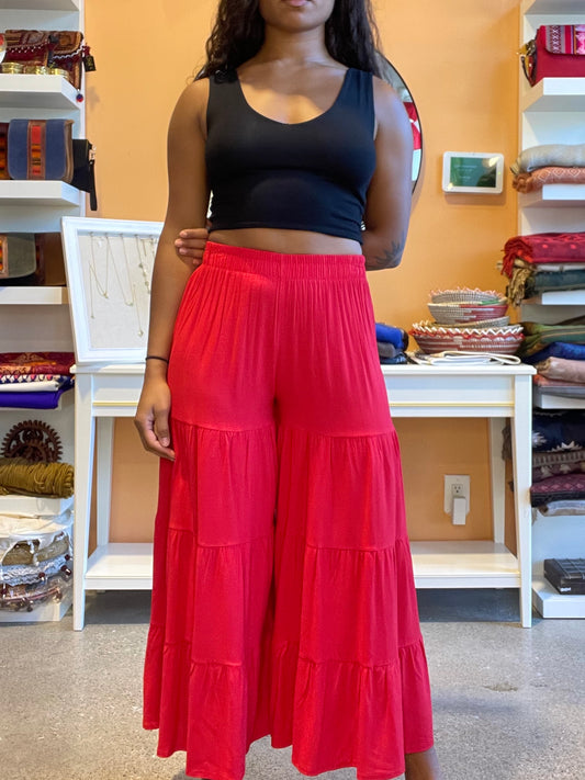 Boho Tiered Linen Red Pants