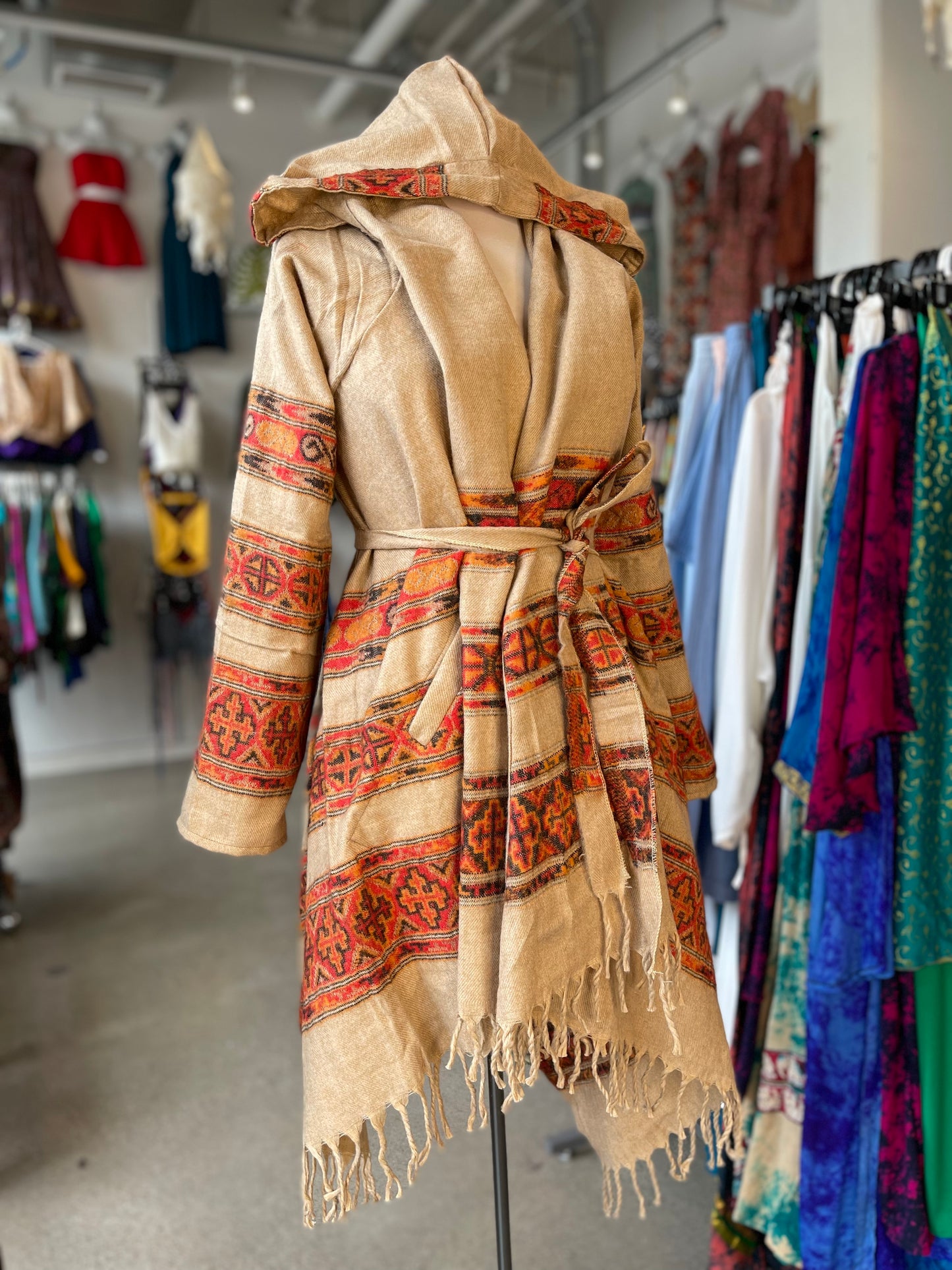 Beige/Orange Patterned Wrap Jacket