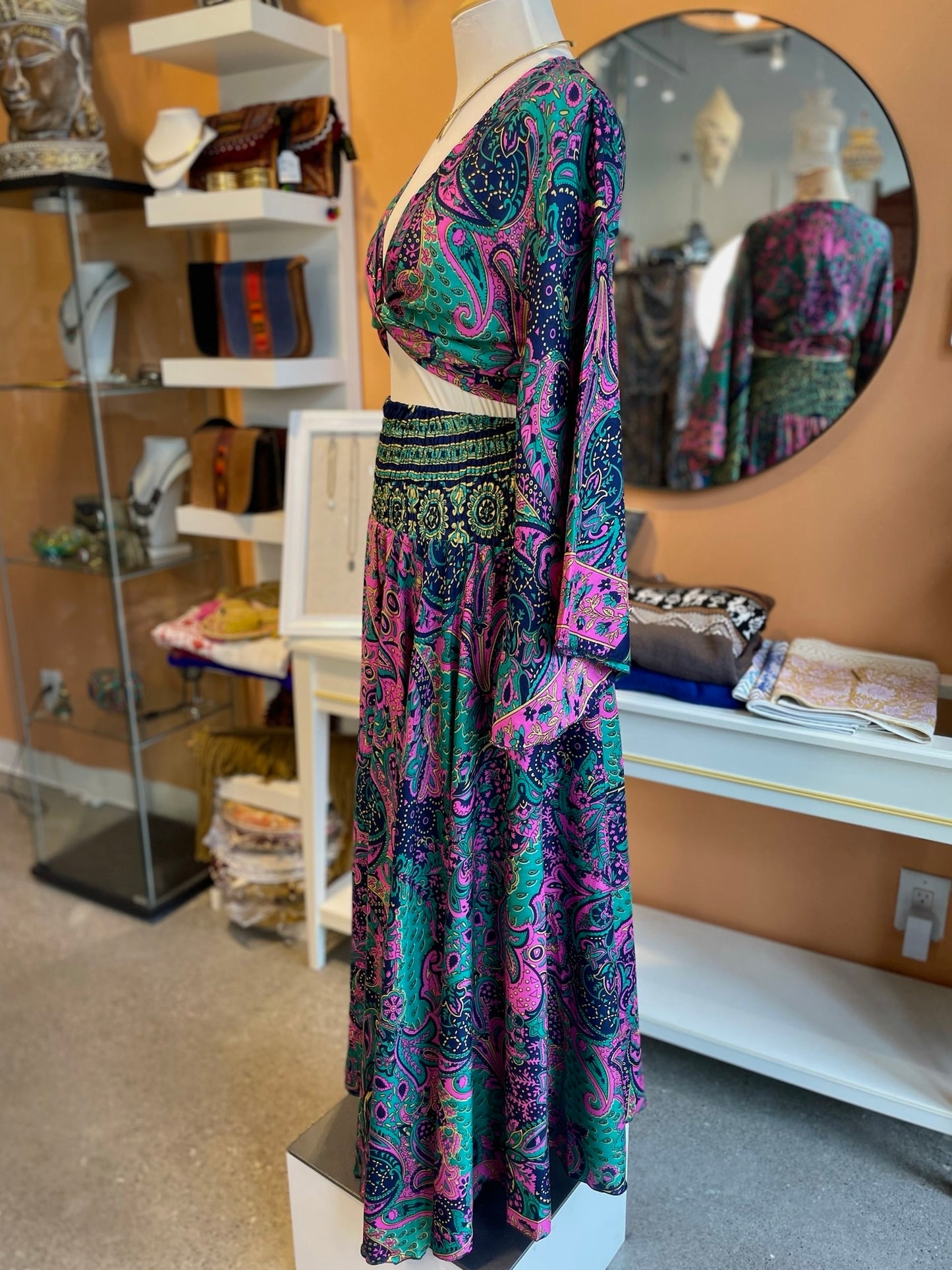 Purple/Teal Paisley Bell Sleeve Wrap Top & Pant Set