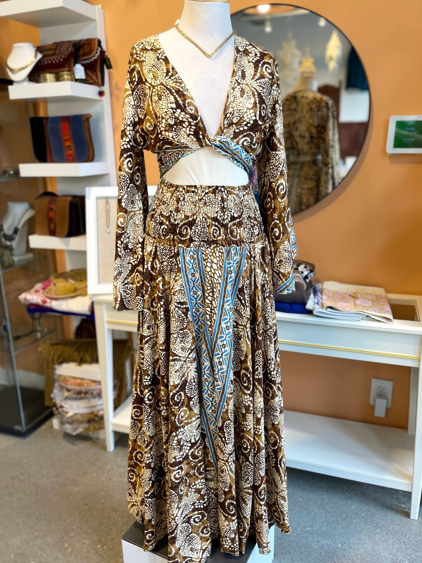 Brown/White/Gold Swirl Patterned Bell Sleeve Wrap Top Maxi Skirt Set