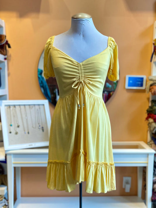 Yellow Ruched Bust Linen Babydoll Dress