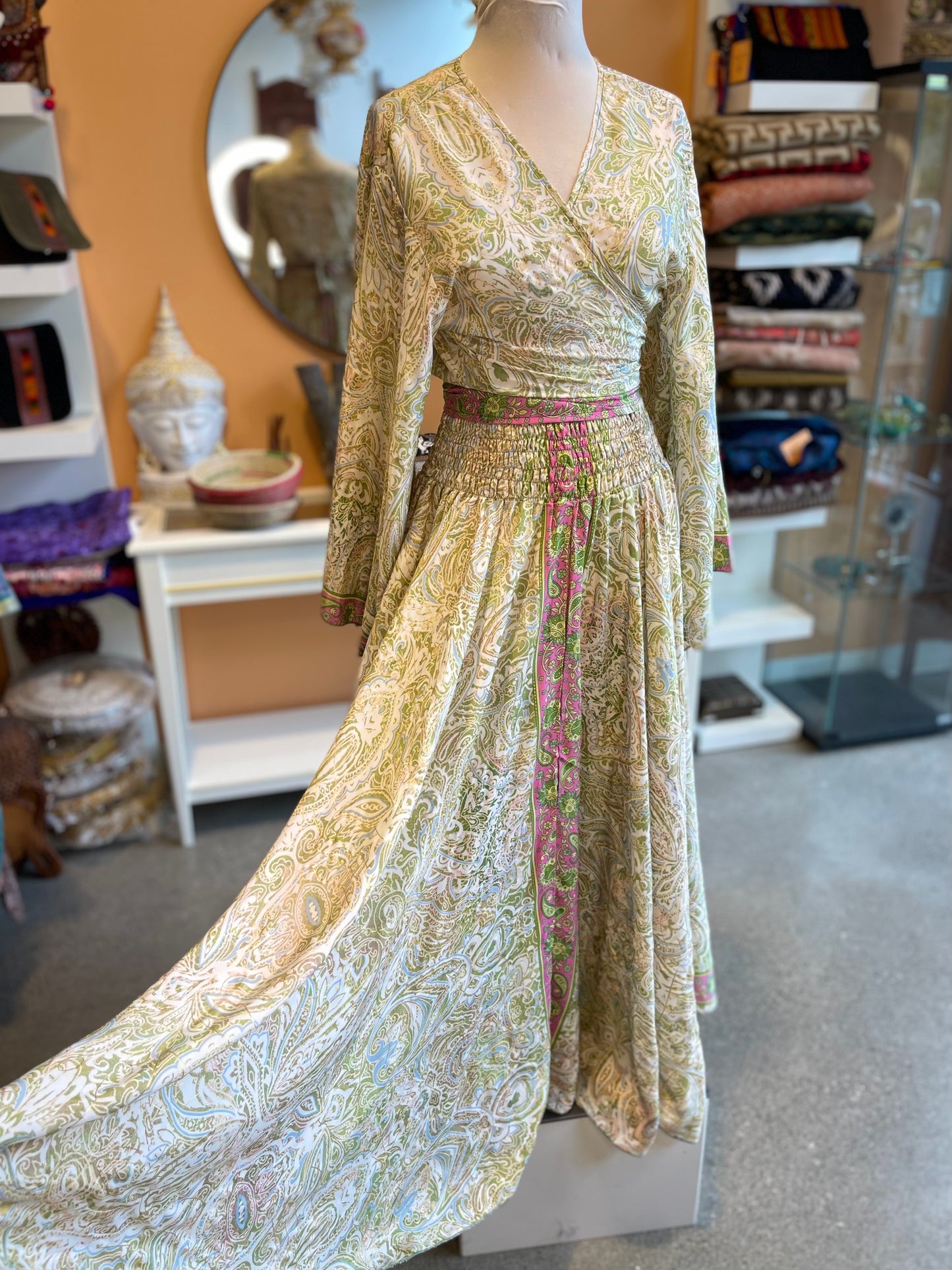 Pale Green Paisley Bell Sleeve Wrap Top Maxi Skirt Set