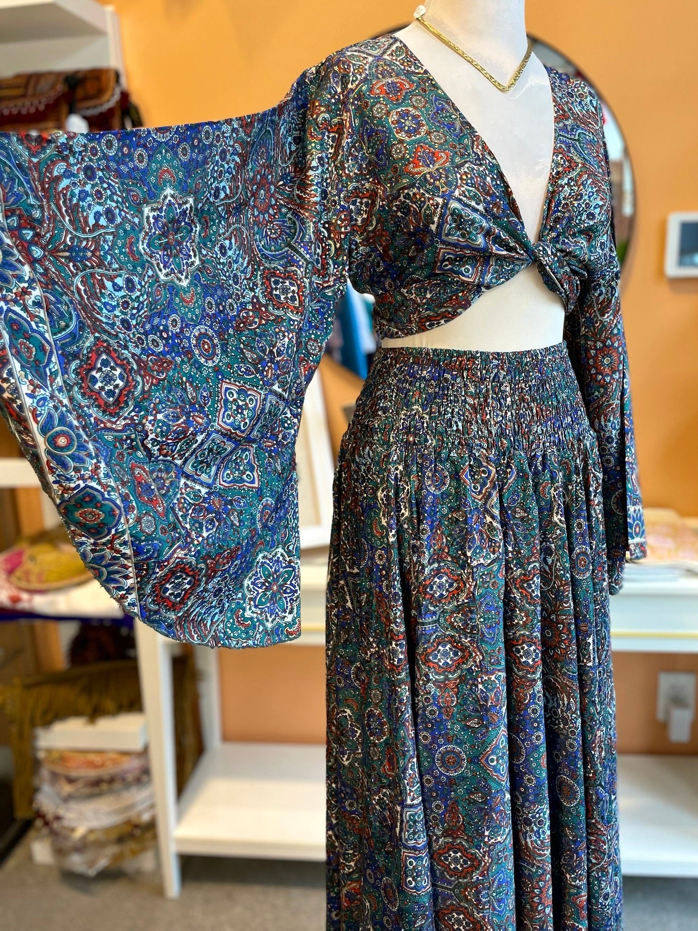 Blue/Orange/Teal/Gold Patterned Bell Sleeve Wrap Top Maxi Skirt Set