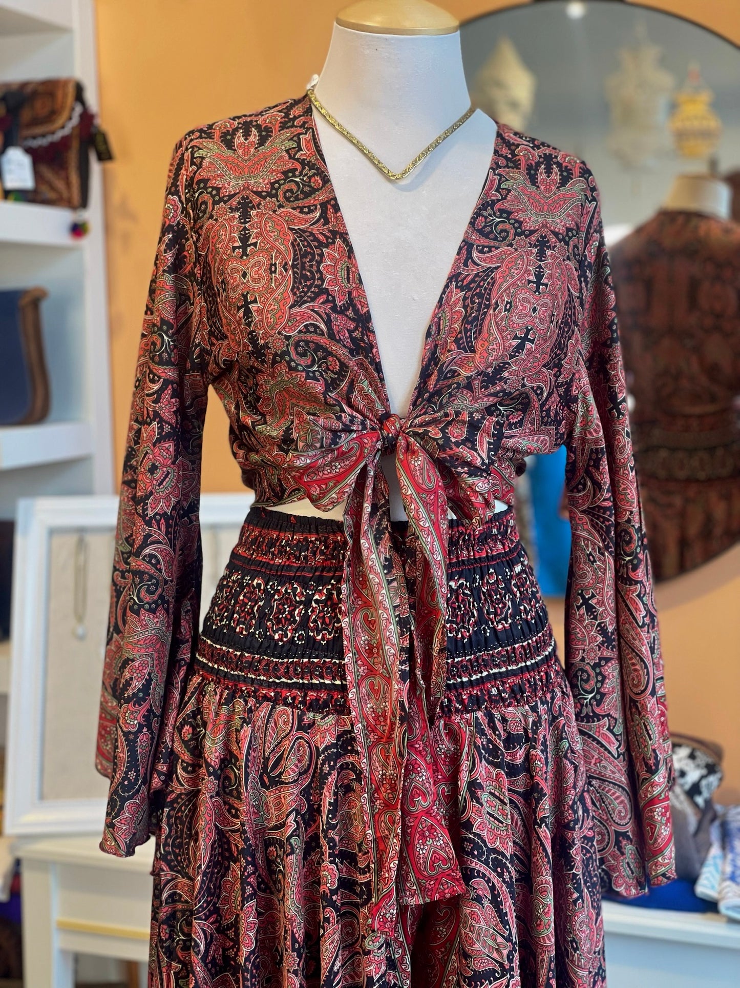 Red/Black Paisley Bell Sleeve Wrap Top & Pant Set