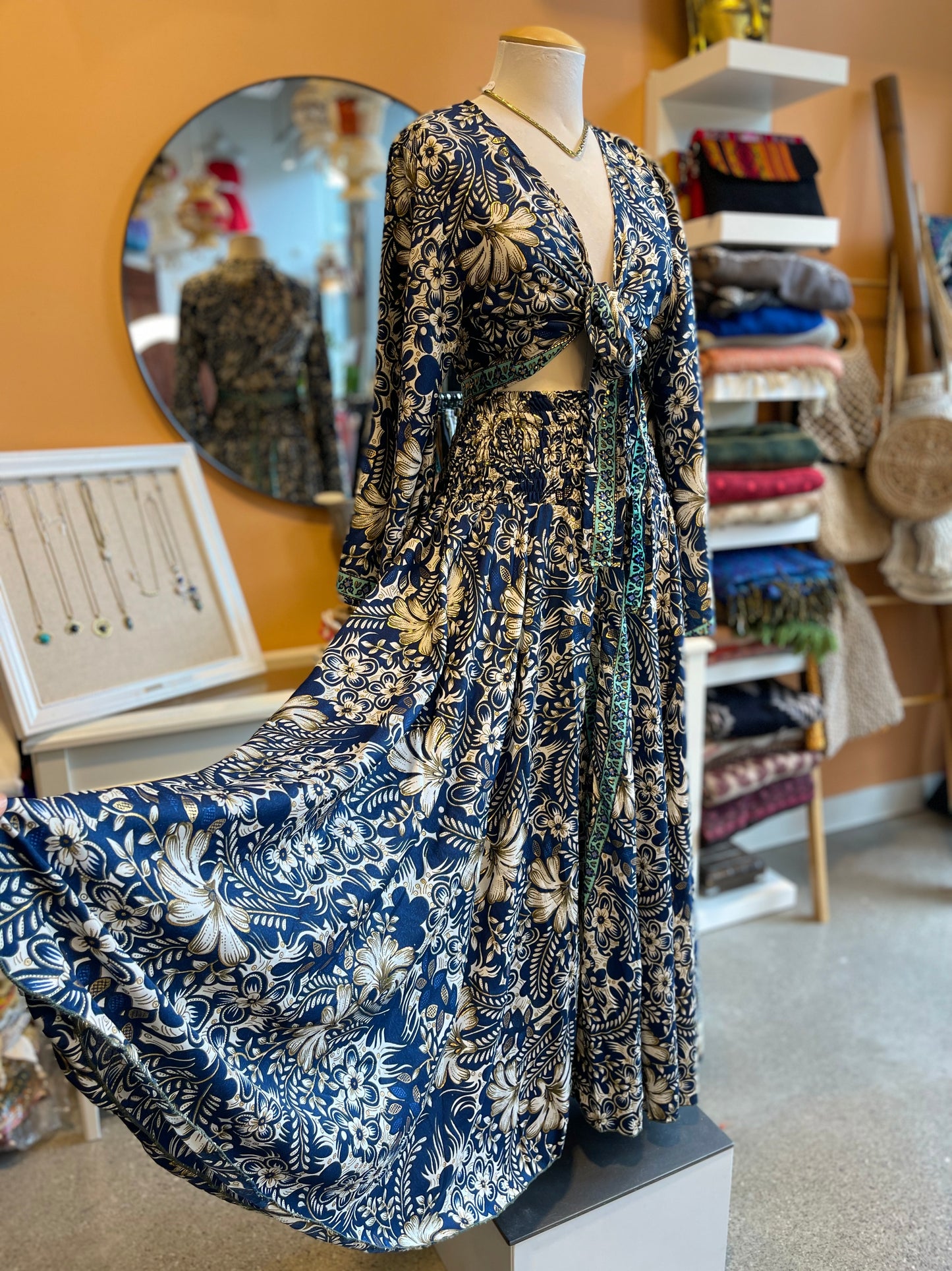 Blue/White/Gold Floral Bell Sleeve Wrap Top Maxi Skirt Set