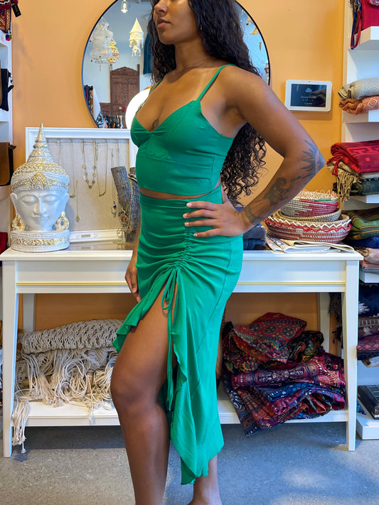 Green Linen Cinched Skirt Set