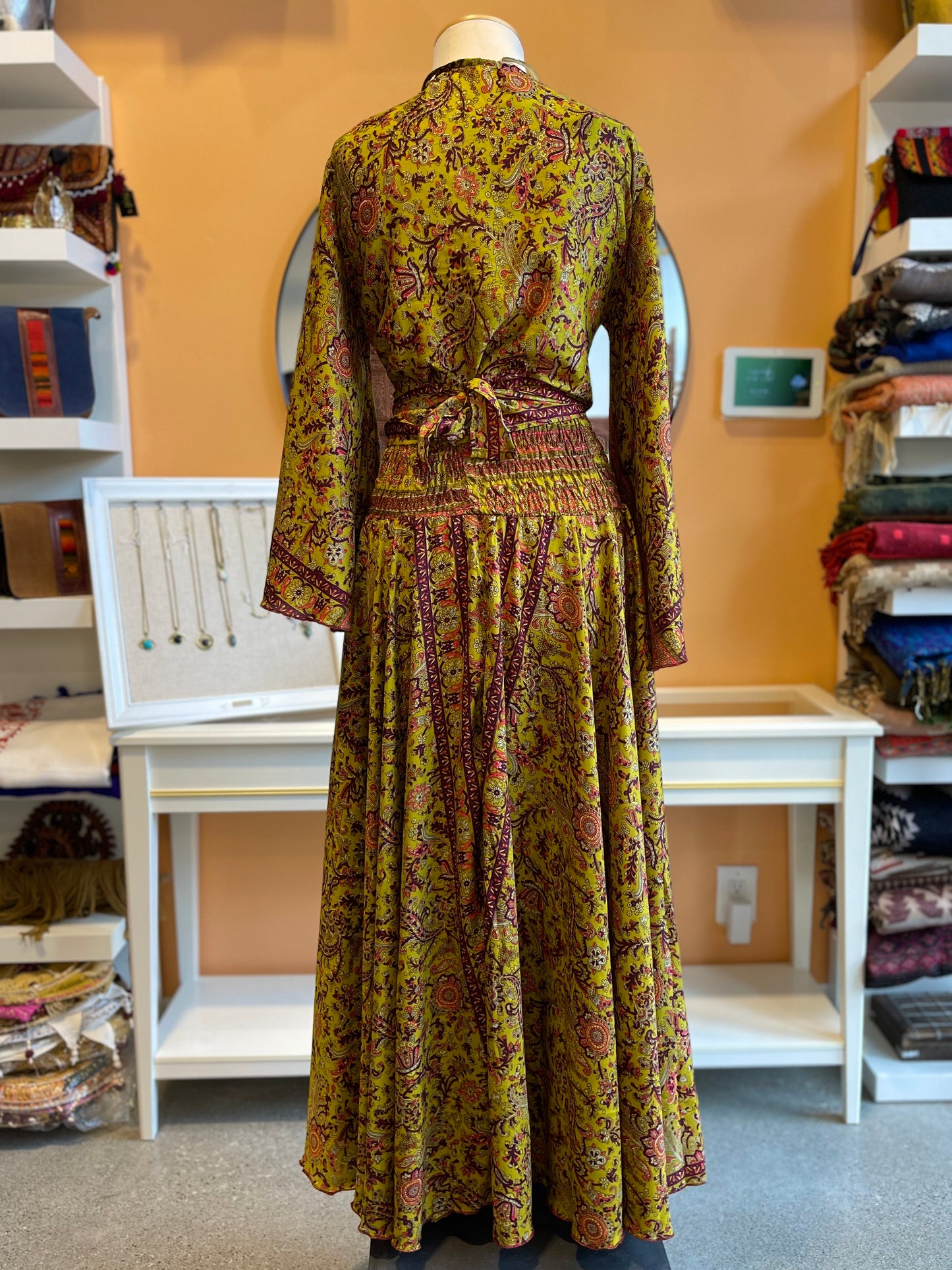 Green/Purple Paisley Bell Sleeve Wrap Top Maxi Skirt Set