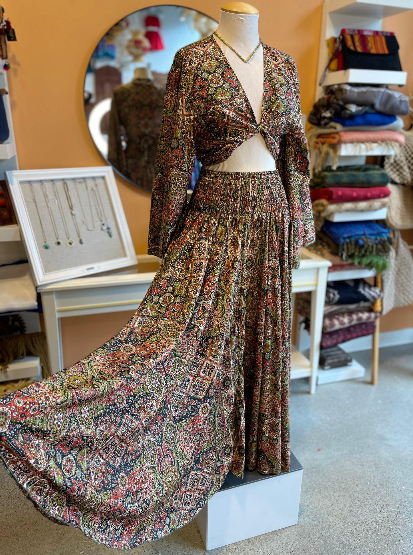 Orange/Green/Gold Patterned Bell Sleeve Wrap Top Maxi Skirt Set