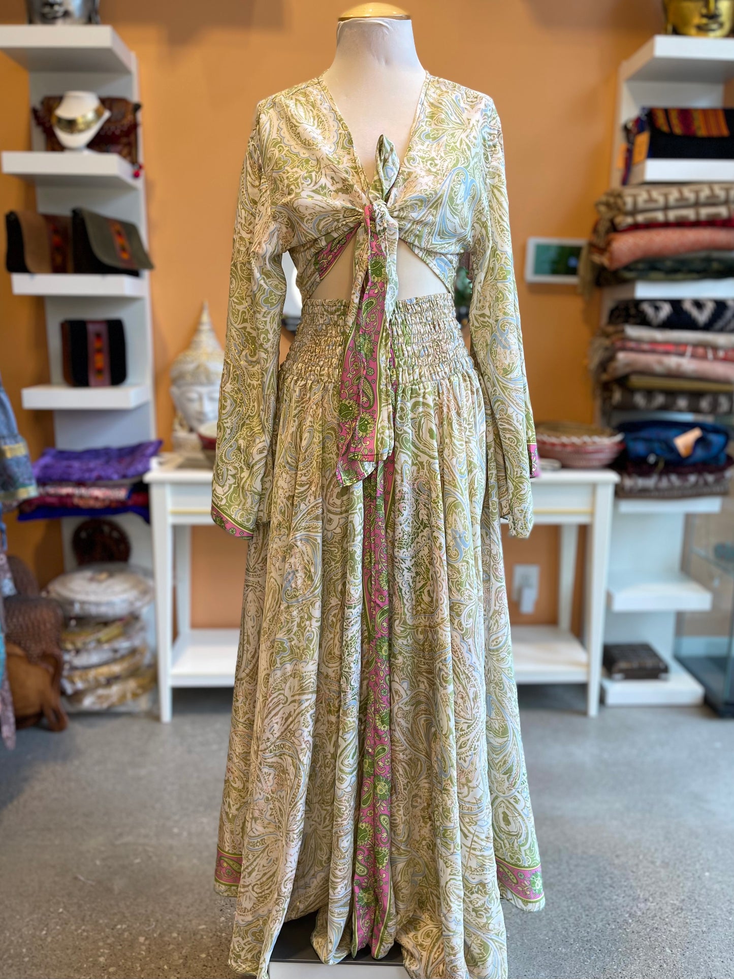 Pale Green Paisley Bell Sleeve Wrap Top Maxi Skirt Set