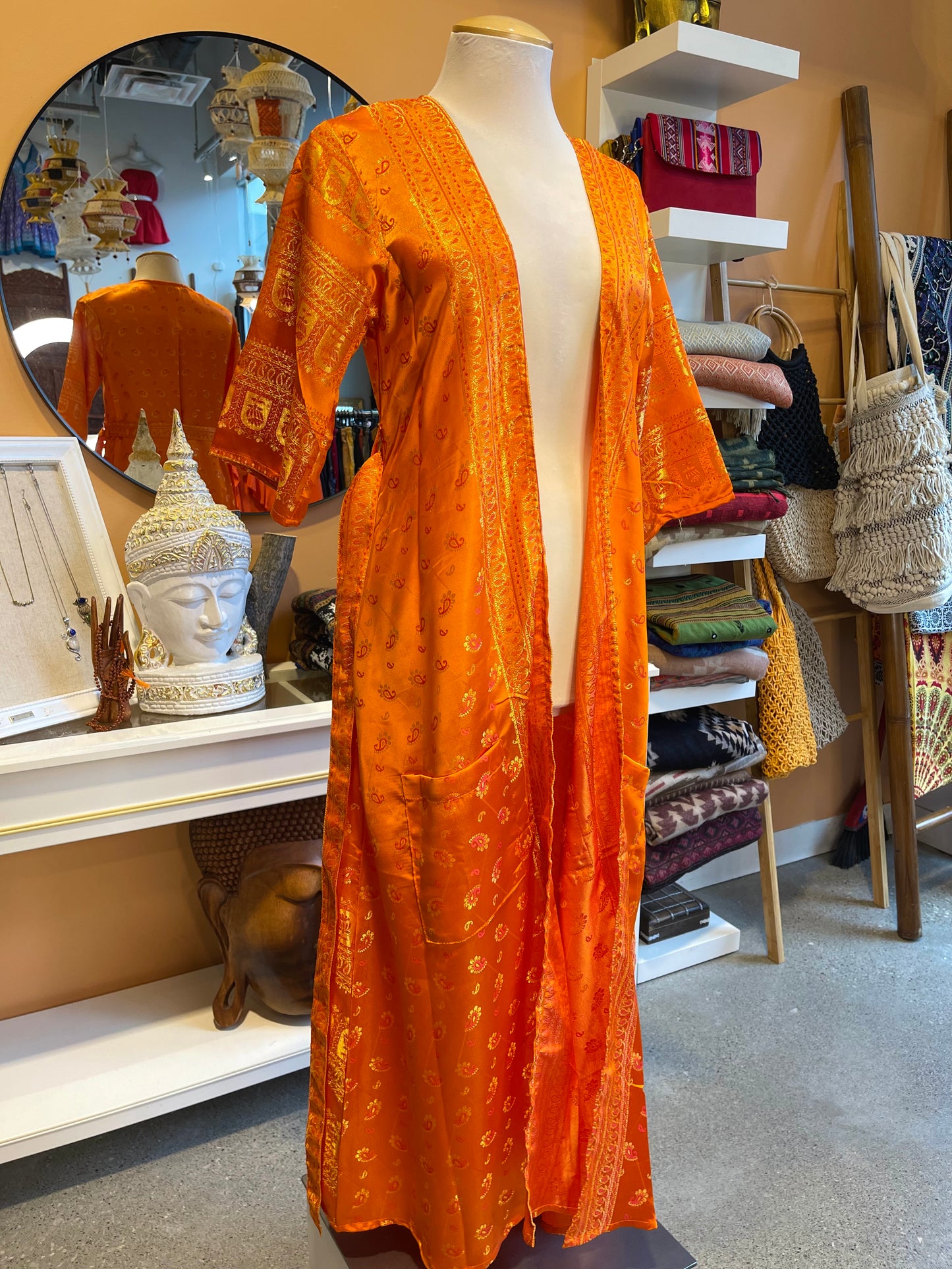 Orange/Pink Upcycled Brocade Silk Fitted Robe