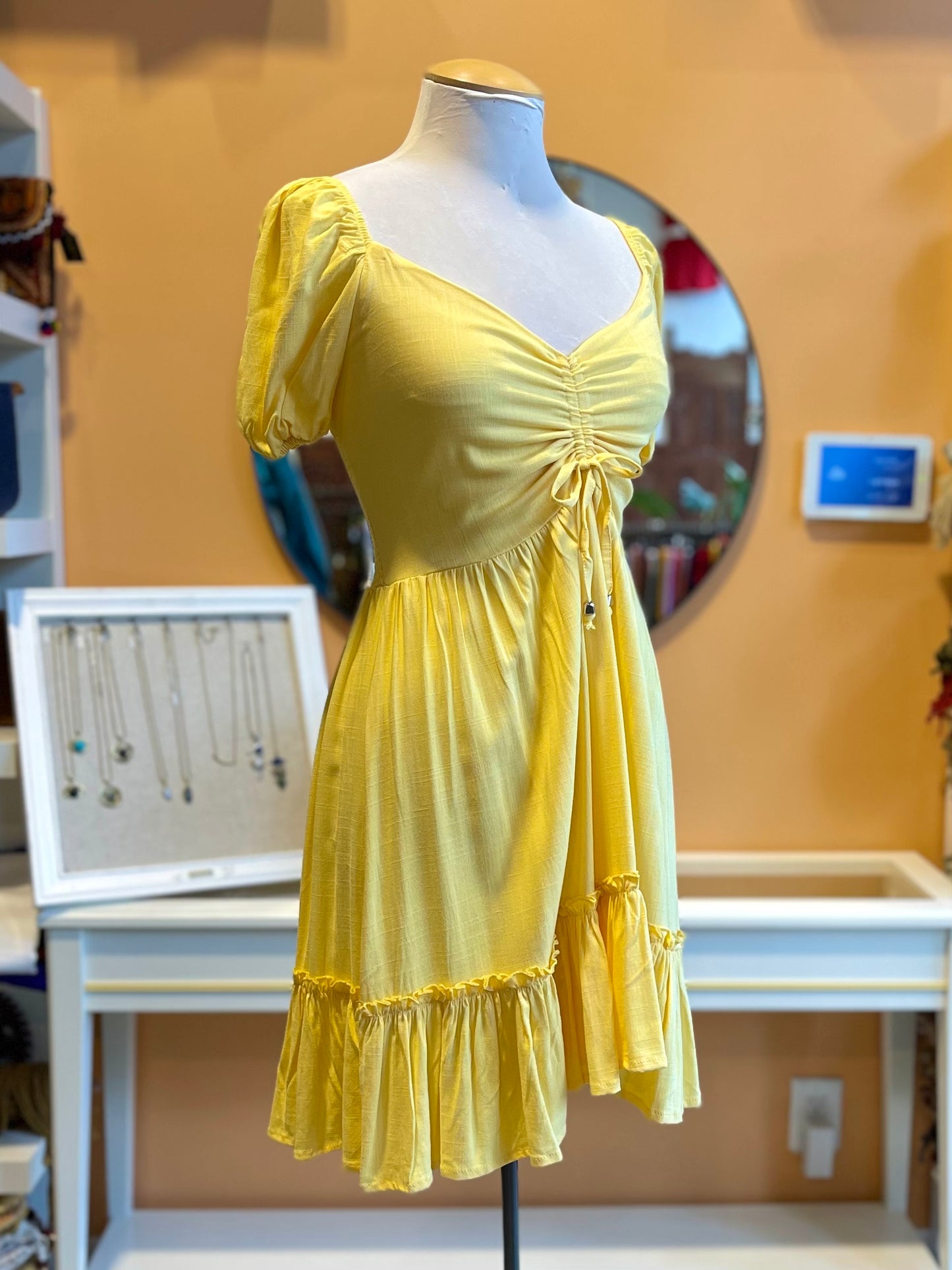 Yellow Ruched Bust Linen Babydoll Dress