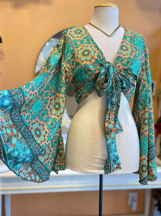 Teal/Orange/Blue/Gold Bell Sleeve Wrap Top