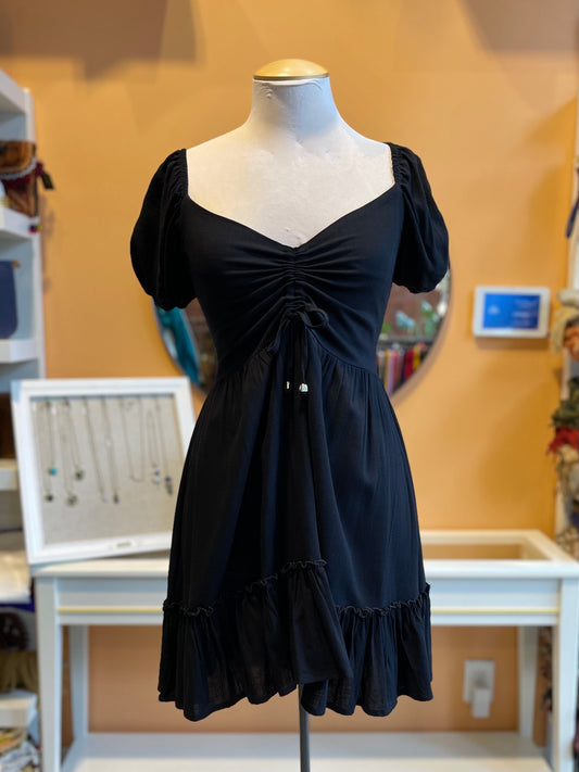 Black Ruched Bust Linen Babydoll Dress