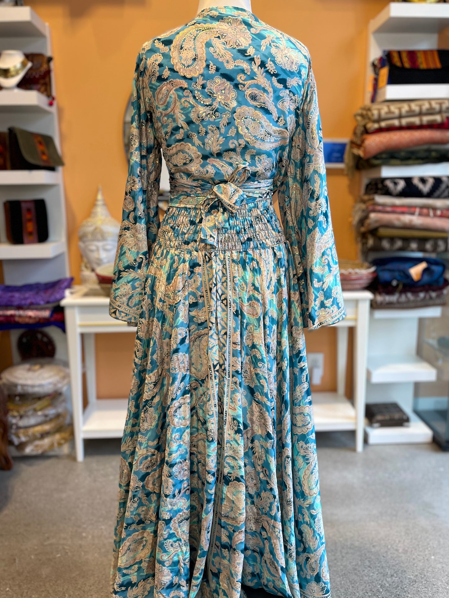 Iridescent Blue/Green Paisley Bell Sleeve Wrap Top Maxi Skirt Set