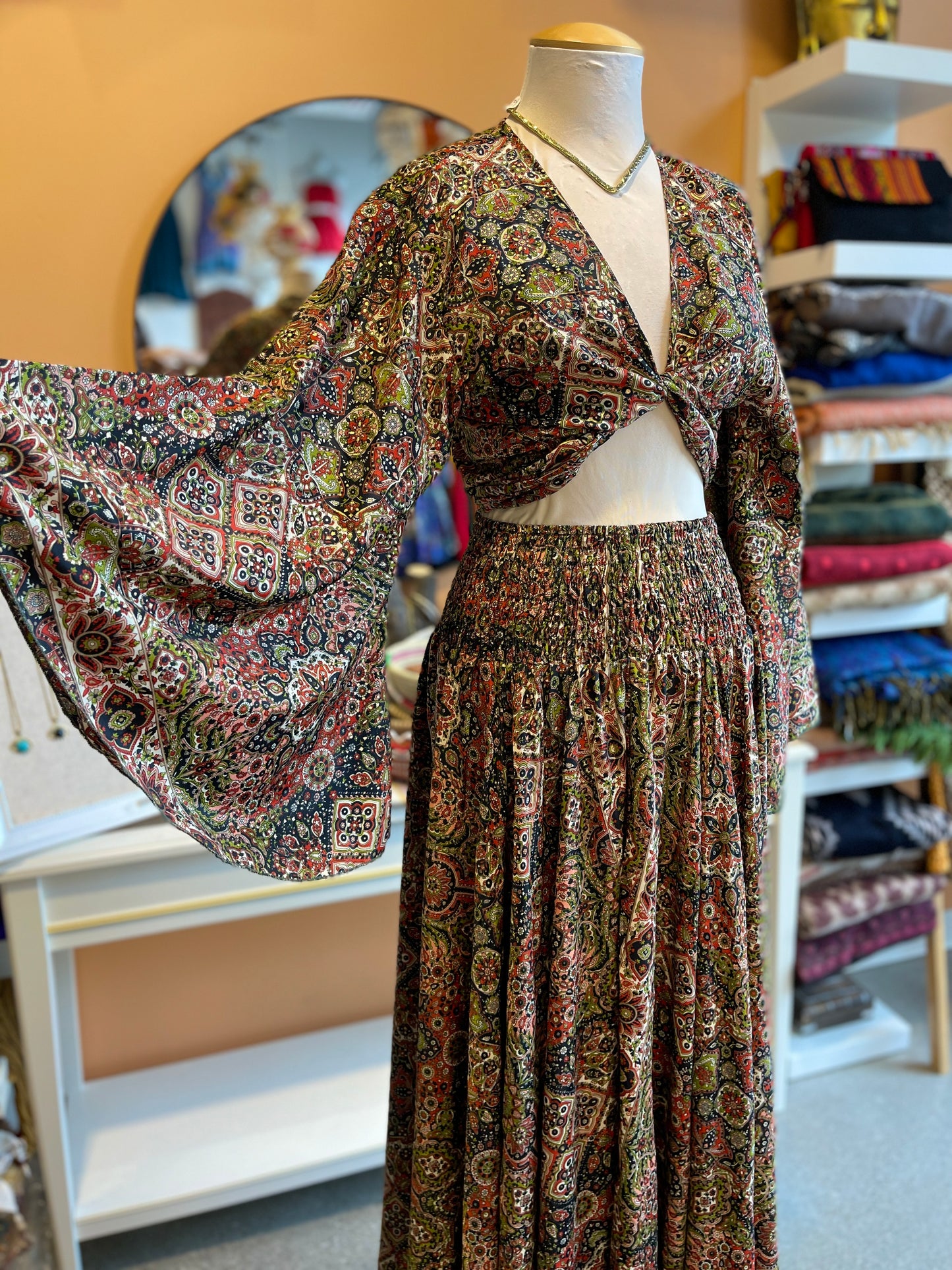 Orange/Green/Gold Patterned Bell Sleeve Wrap Top Maxi Skirt Set