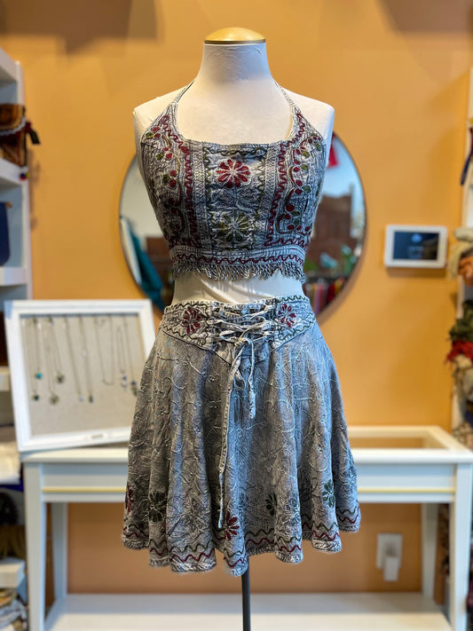 Grey Embroidered Pixie Style Mini Skirt & Halter Set