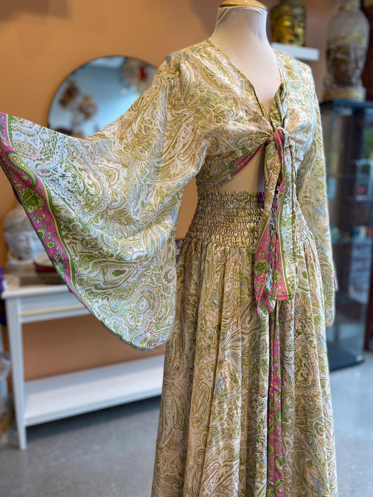 Pale Green Paisley Bell Sleeve Wrap Top Maxi Skirt Set