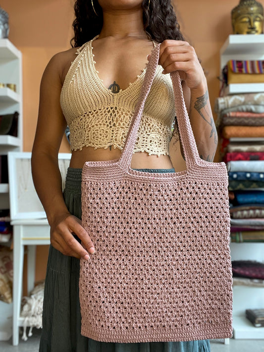 Mauve Taupe Hand Knitted Tote Bag