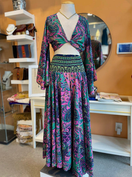 Purple/Teal Paisley Bell Sleeve Wrap Top & Pant Set