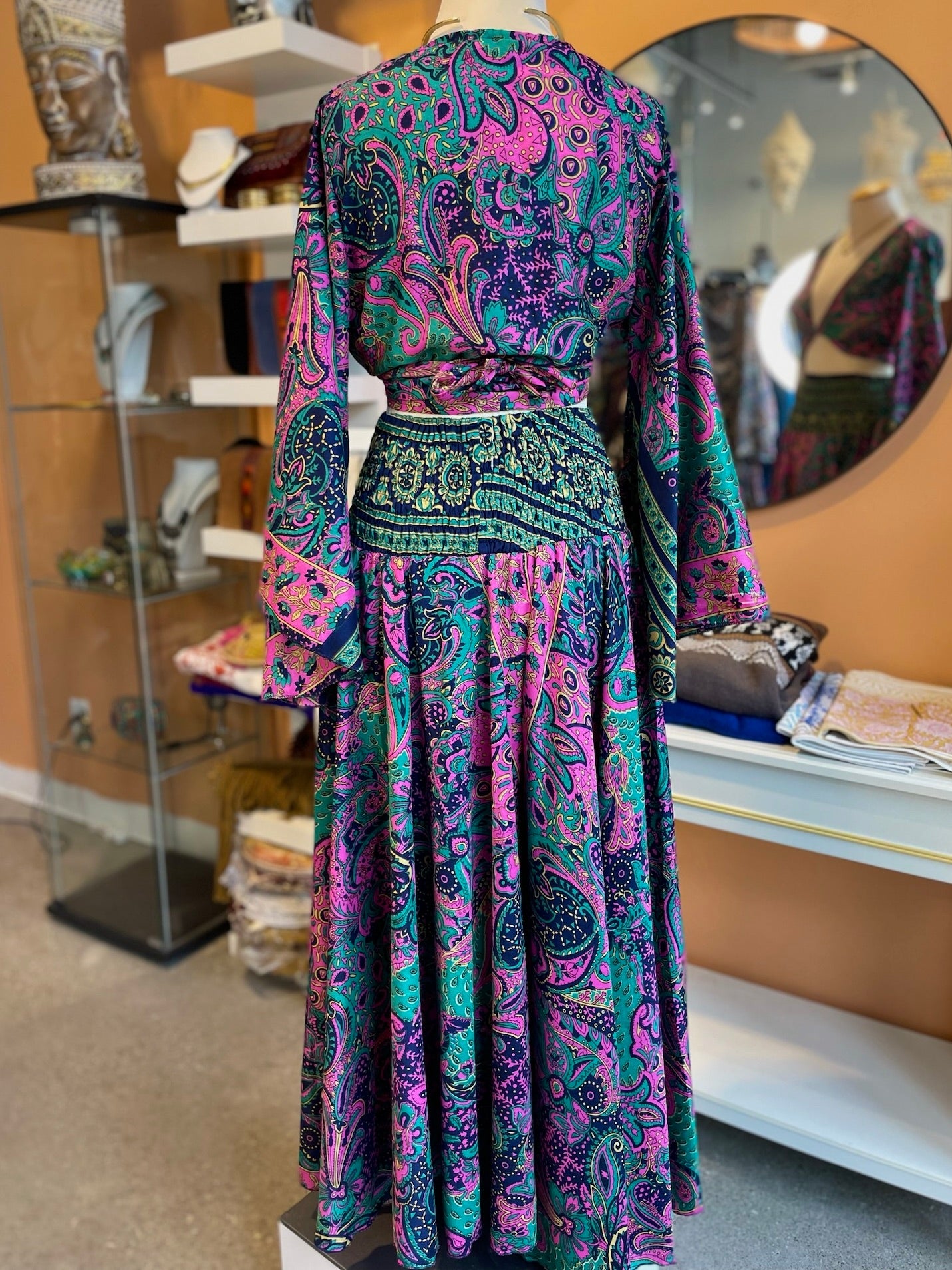 Purple/Teal Paisley Bell Sleeve Wrap Top & Pant Set