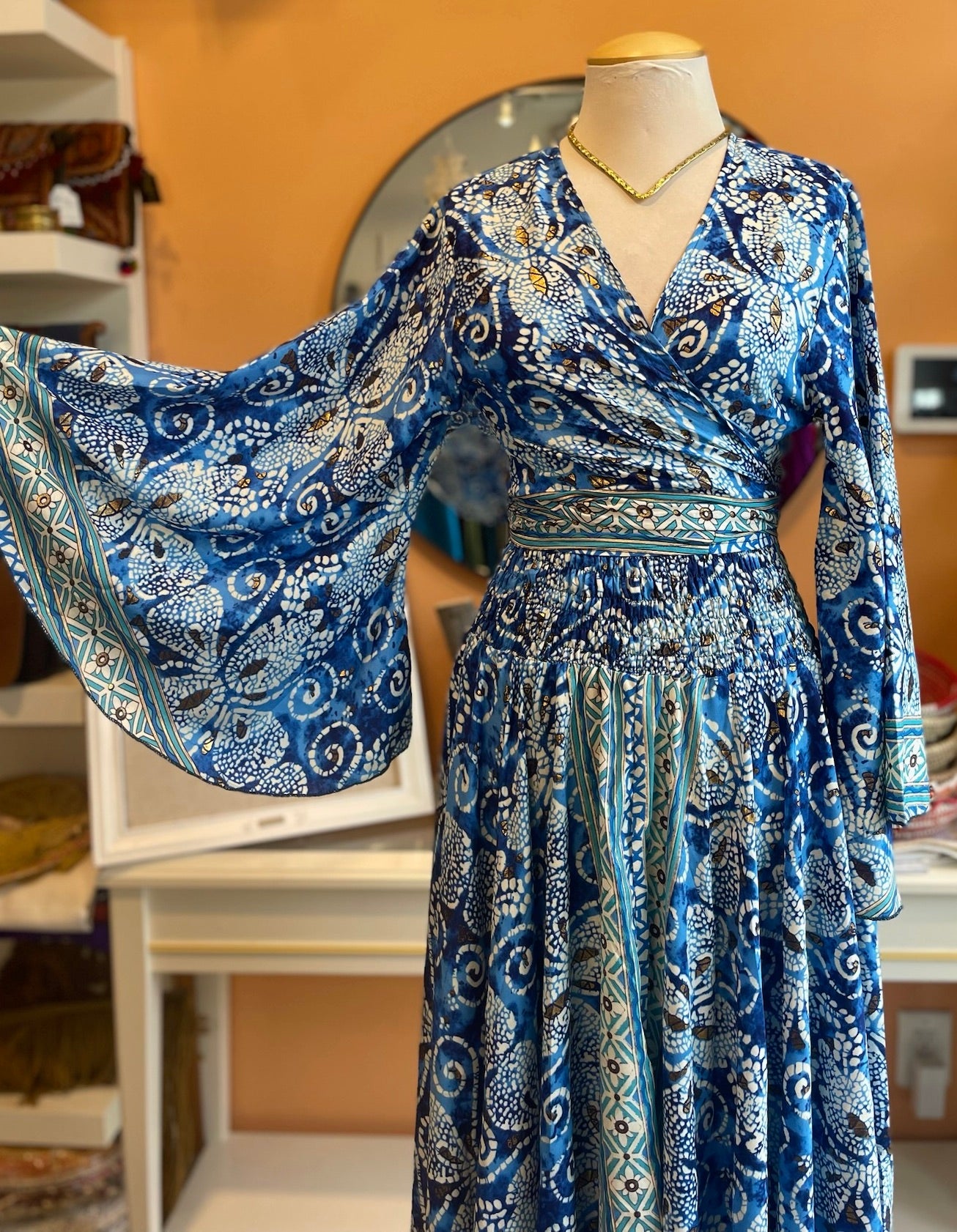 Blue/White/Gold Swirl Patterned Bell Sleeve Wrap Top Maxi Skirt Set