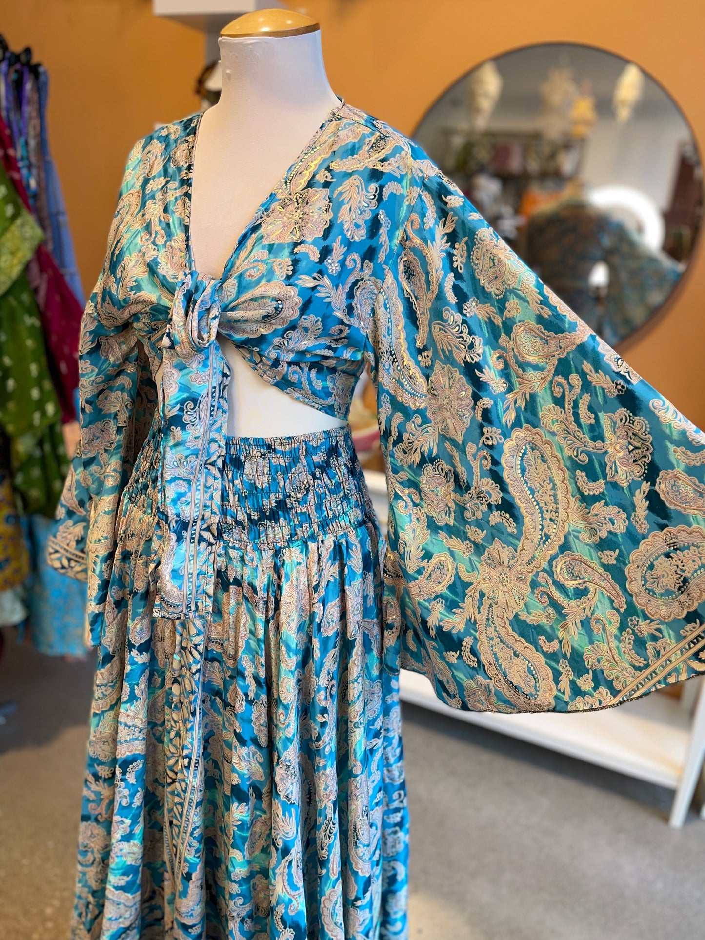 Iridescent Blue/Green Paisley Bell Sleeve Wrap Top Maxi Skirt Set