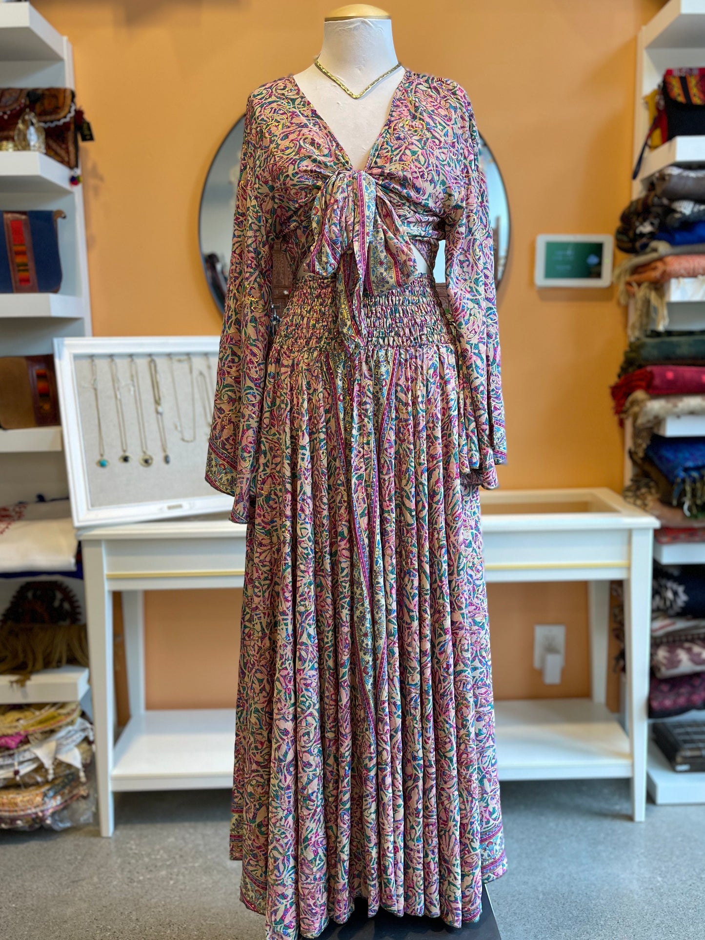 Pink/Blue/Gold Paisley Bell Sleeve Wrap Top Maxi Skirt Set