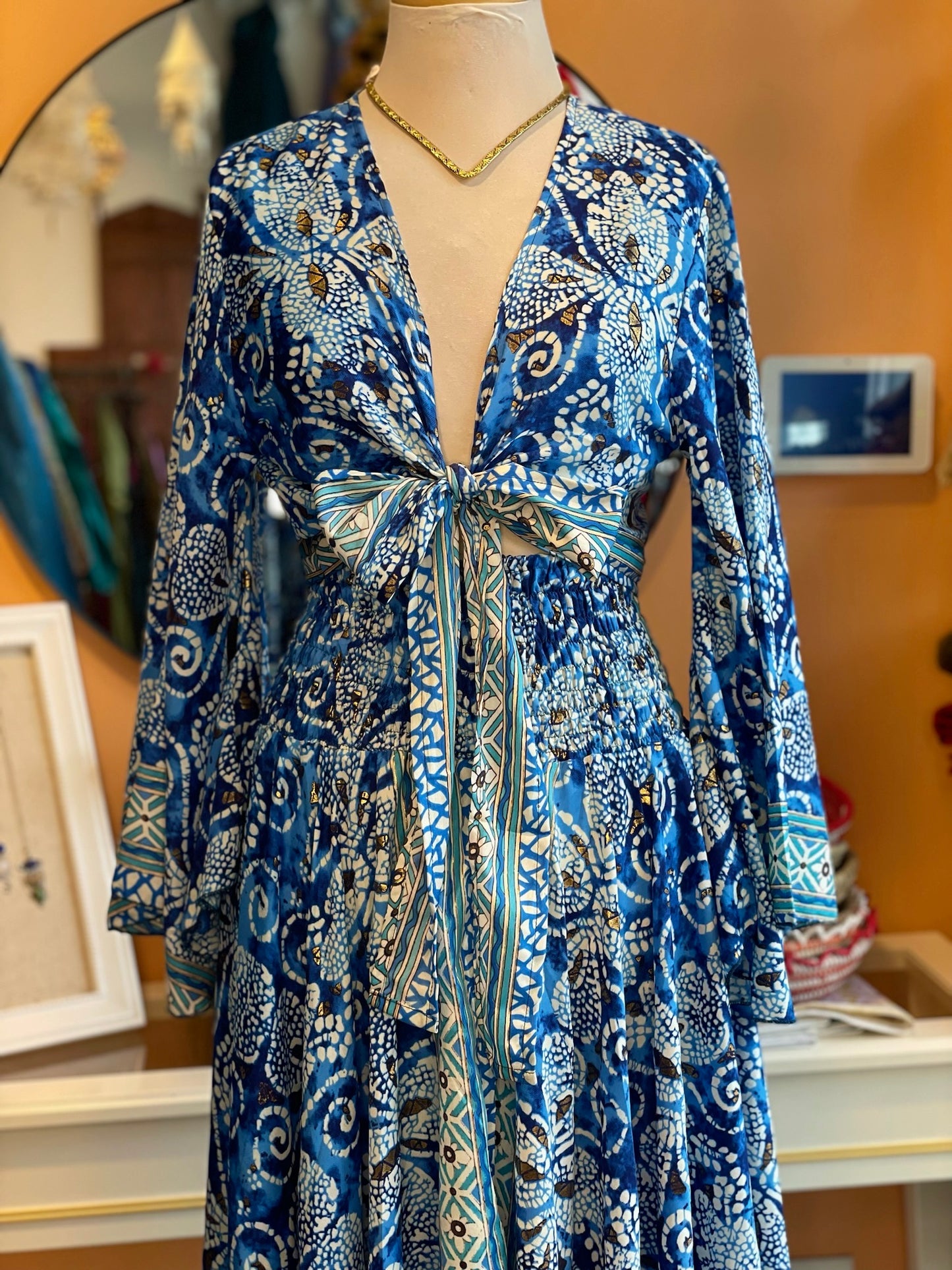 Blue/White/Gold Swirl Patterned Bell Sleeve Wrap Top Maxi Skirt Set