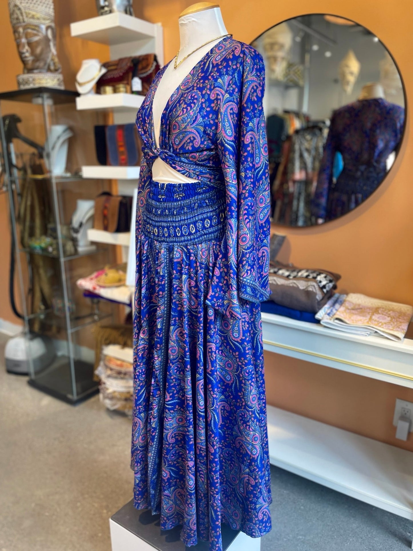 Blue/Pink Paisley Bell Sleeve Wrap Top Maxi Skirt Set