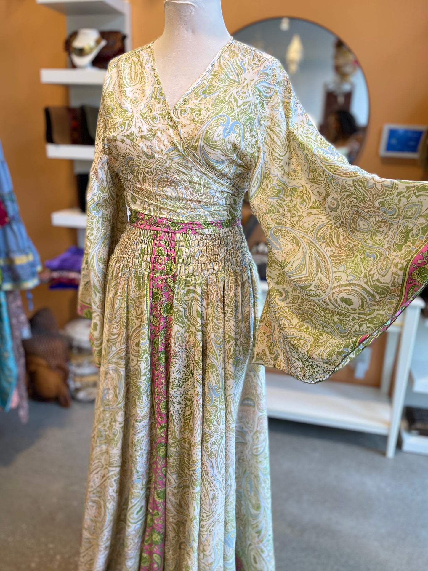 Pale Green Paisley Bell Sleeve Wrap Top Maxi Skirt Set