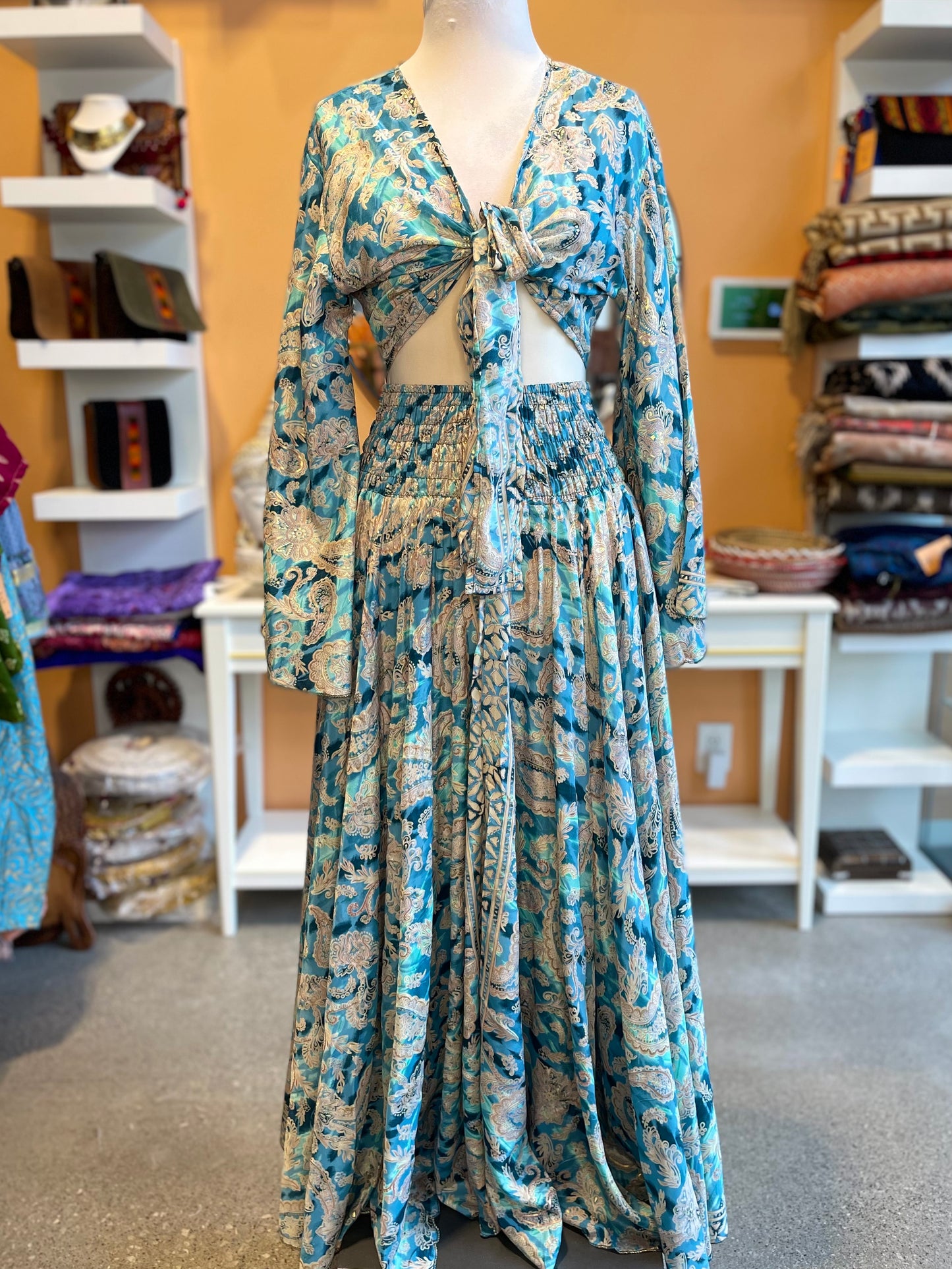 Iridescent Blue/Green Paisley Bell Sleeve Wrap Top Maxi Skirt Set