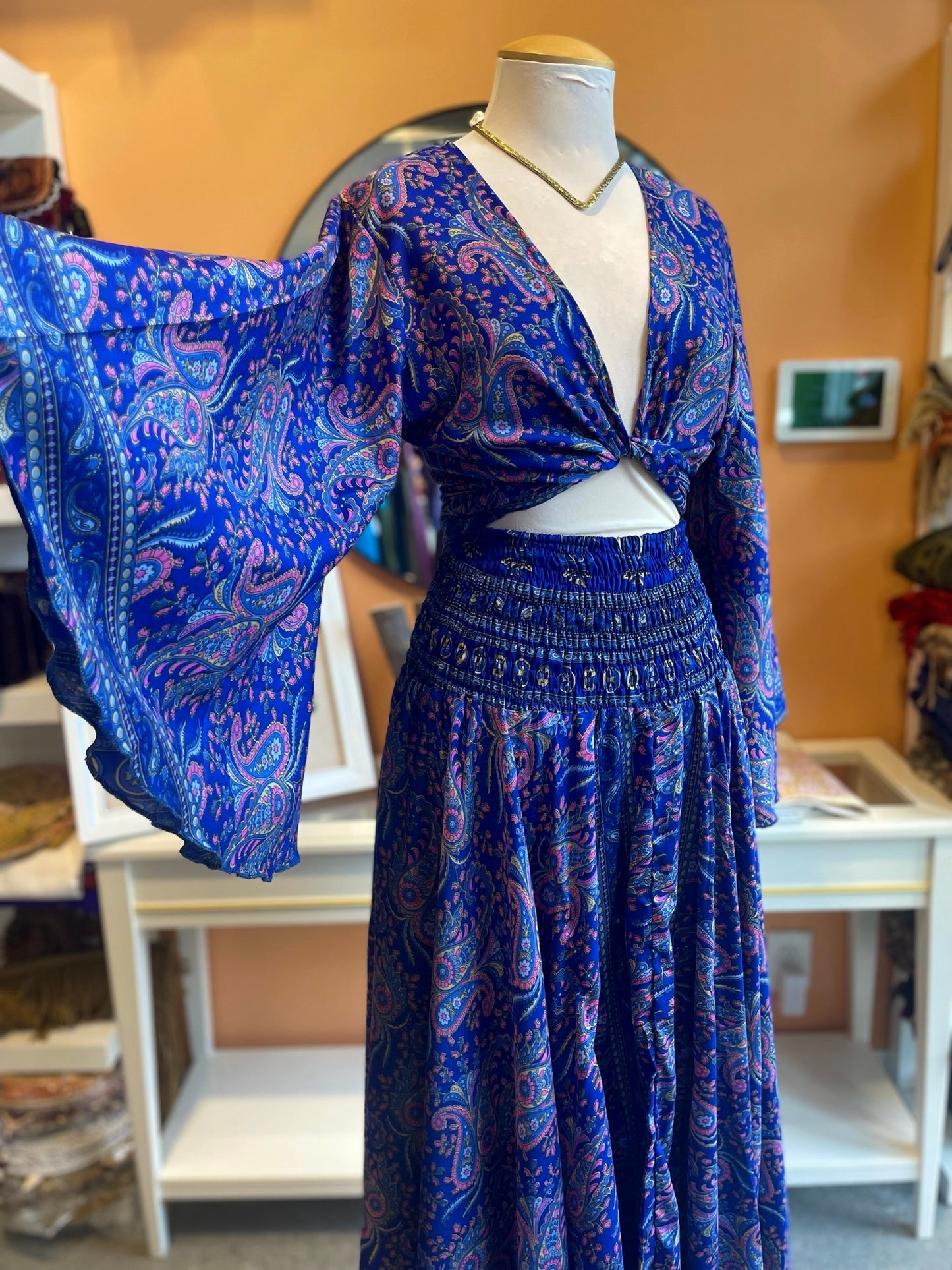 Blue/Pink Paisley Bell Sleeve Wrap Top Maxi Skirt Set