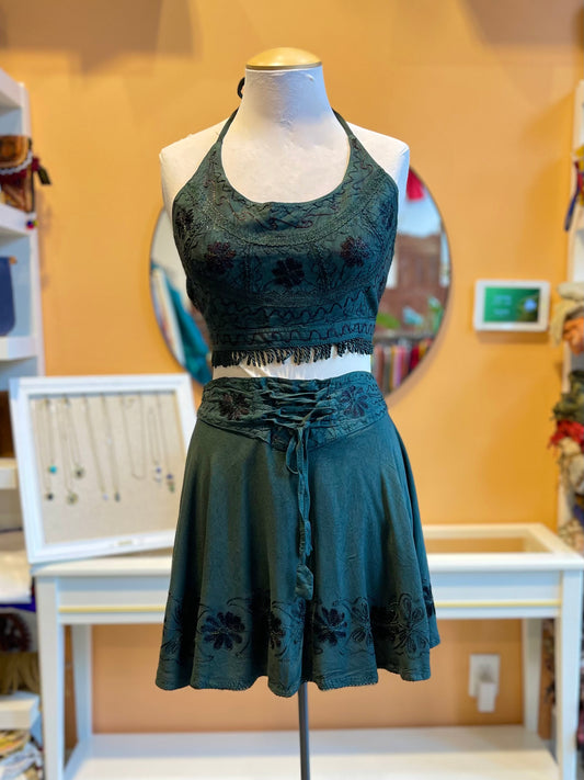 Green Embroidered Pixie Style Mini Skirt & Halter Set