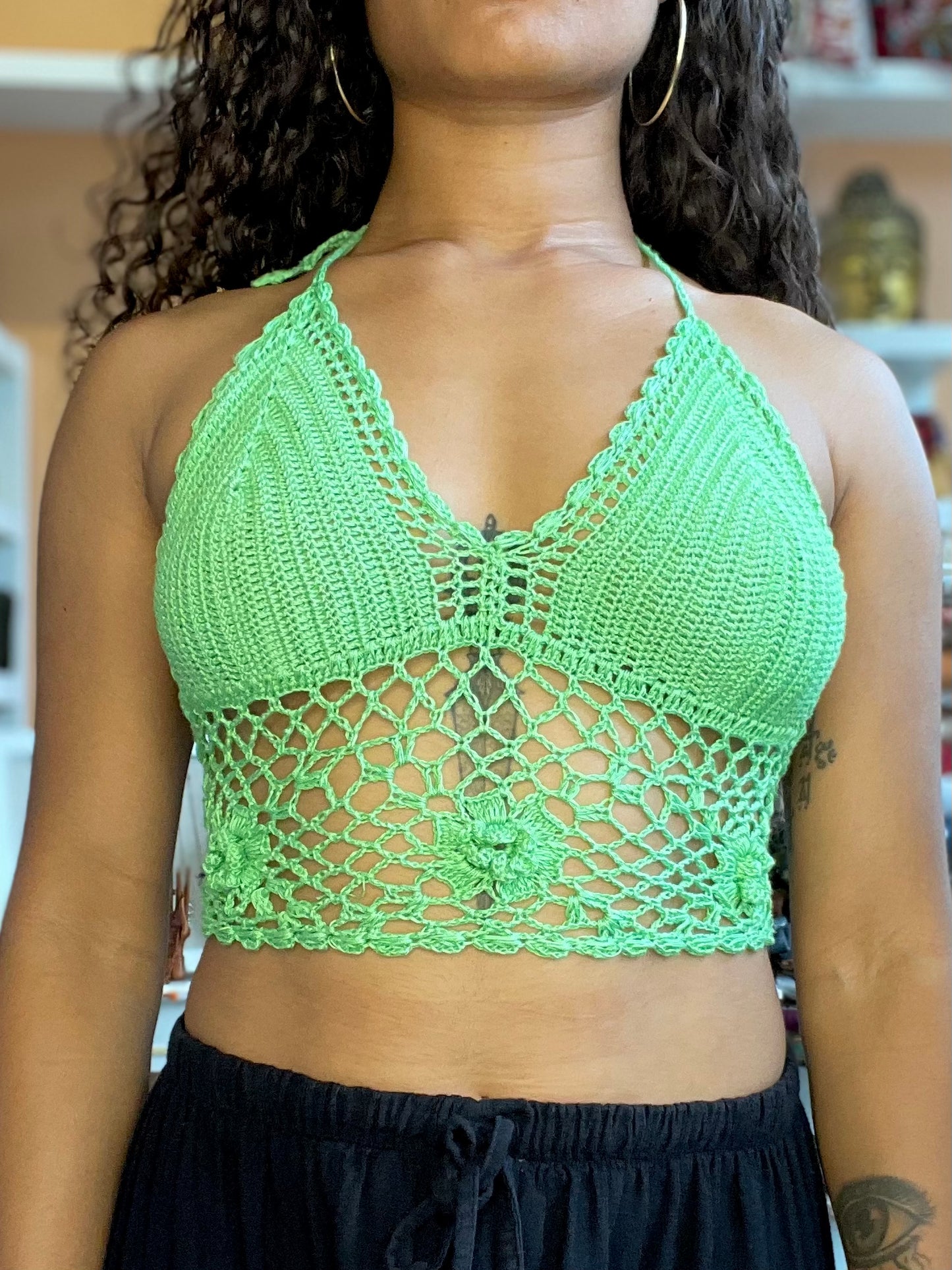 Long Green Floral Crochet Halter Top