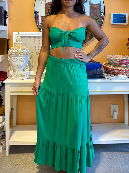 Green Linen Bandeau Skirt Set