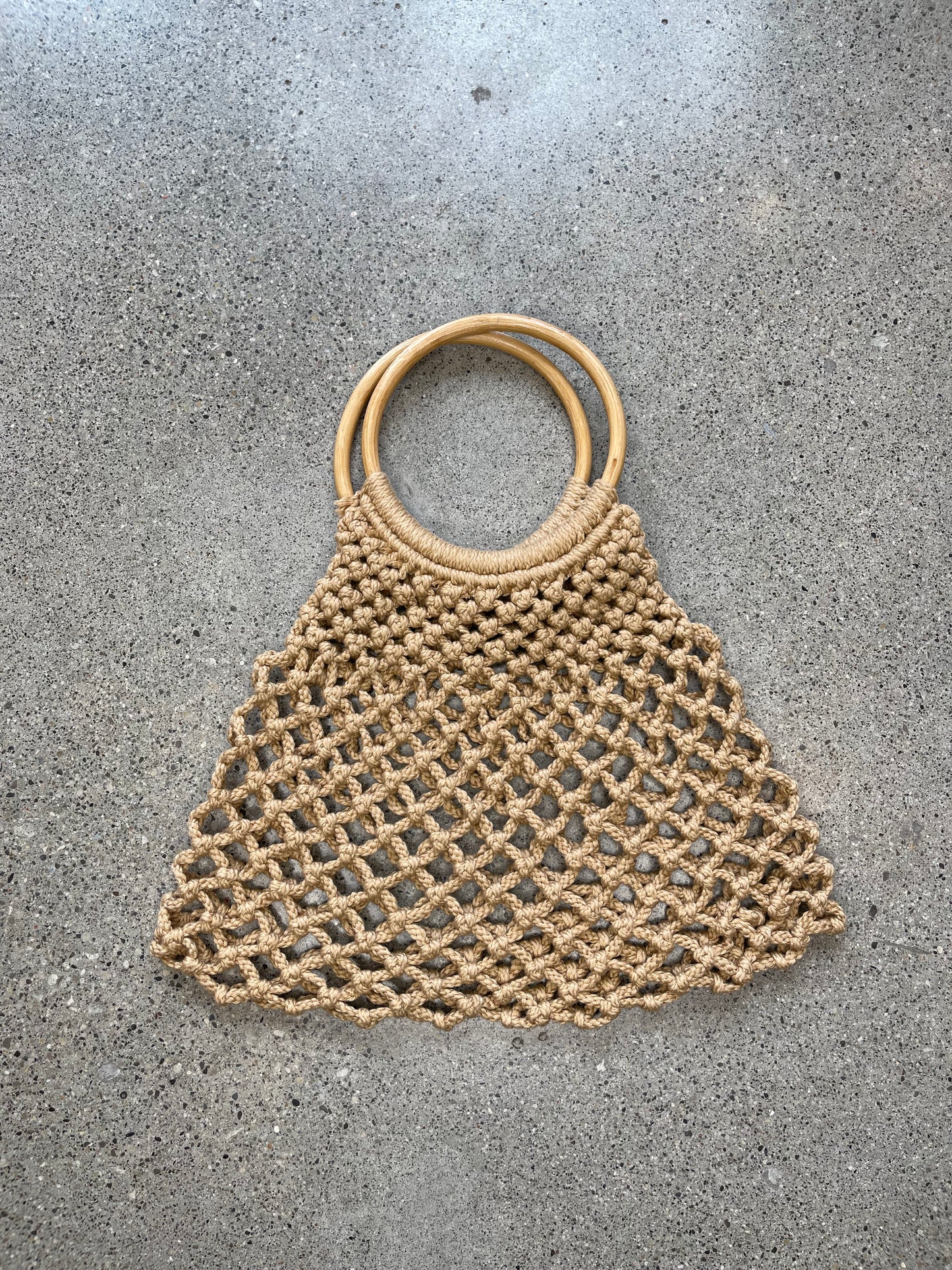 Beige Handmade Macrame Tote Bag With Wooden Handle