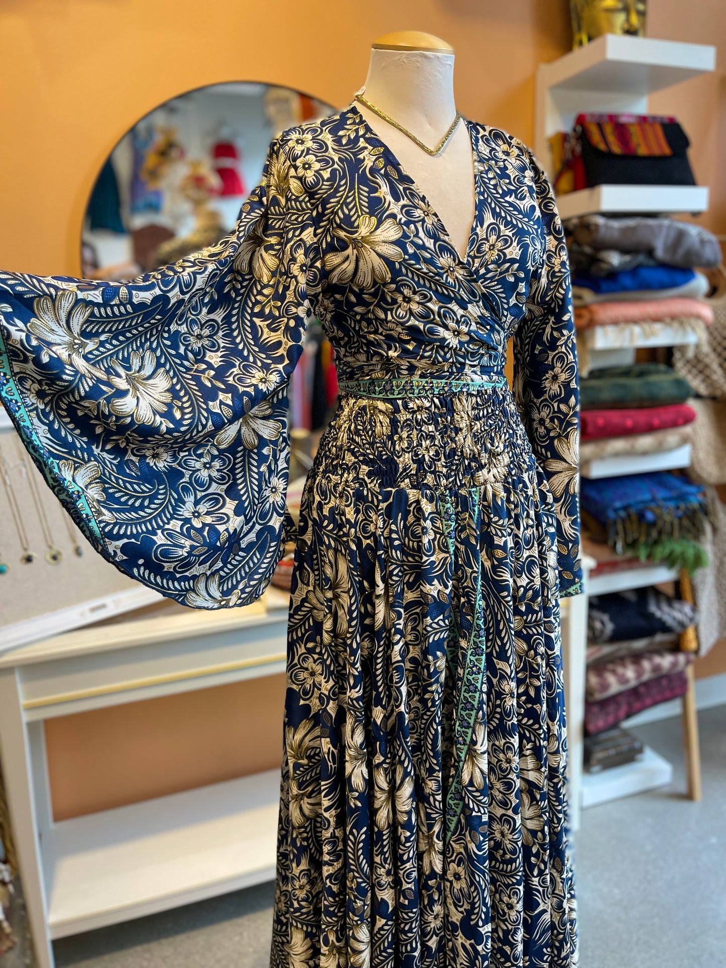 Blue/White/Gold Floral Bell Sleeve Wrap Top Maxi Skirt Set