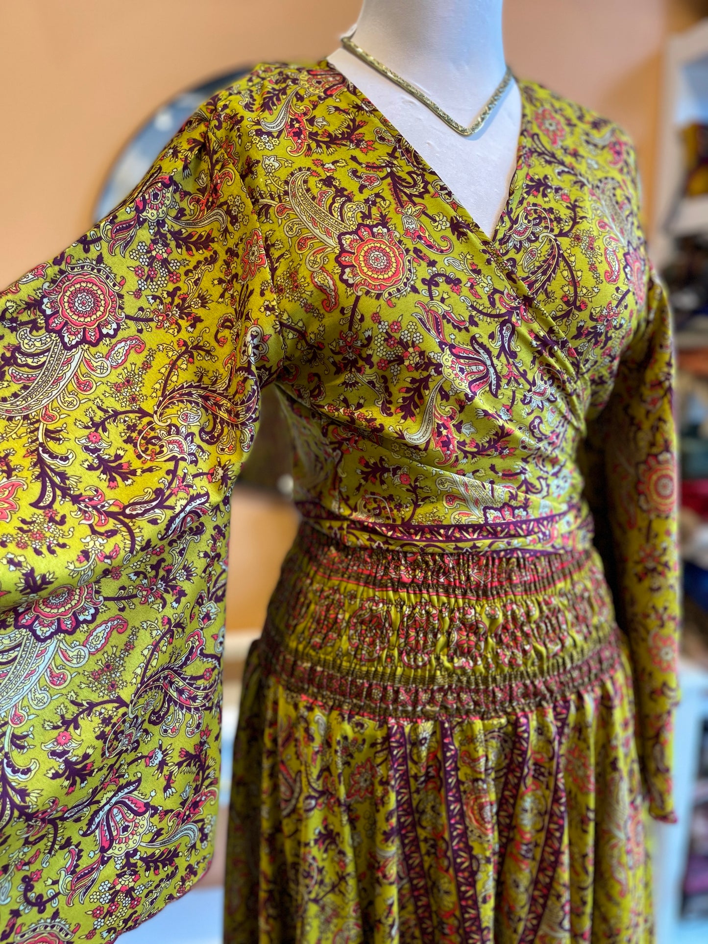 Green/Purple Paisley Bell Sleeve Wrap Top Maxi Skirt Set