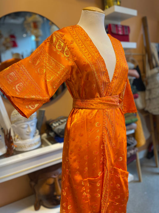 Orange/Pink Upcycled Brocade Silk Fitted Robe