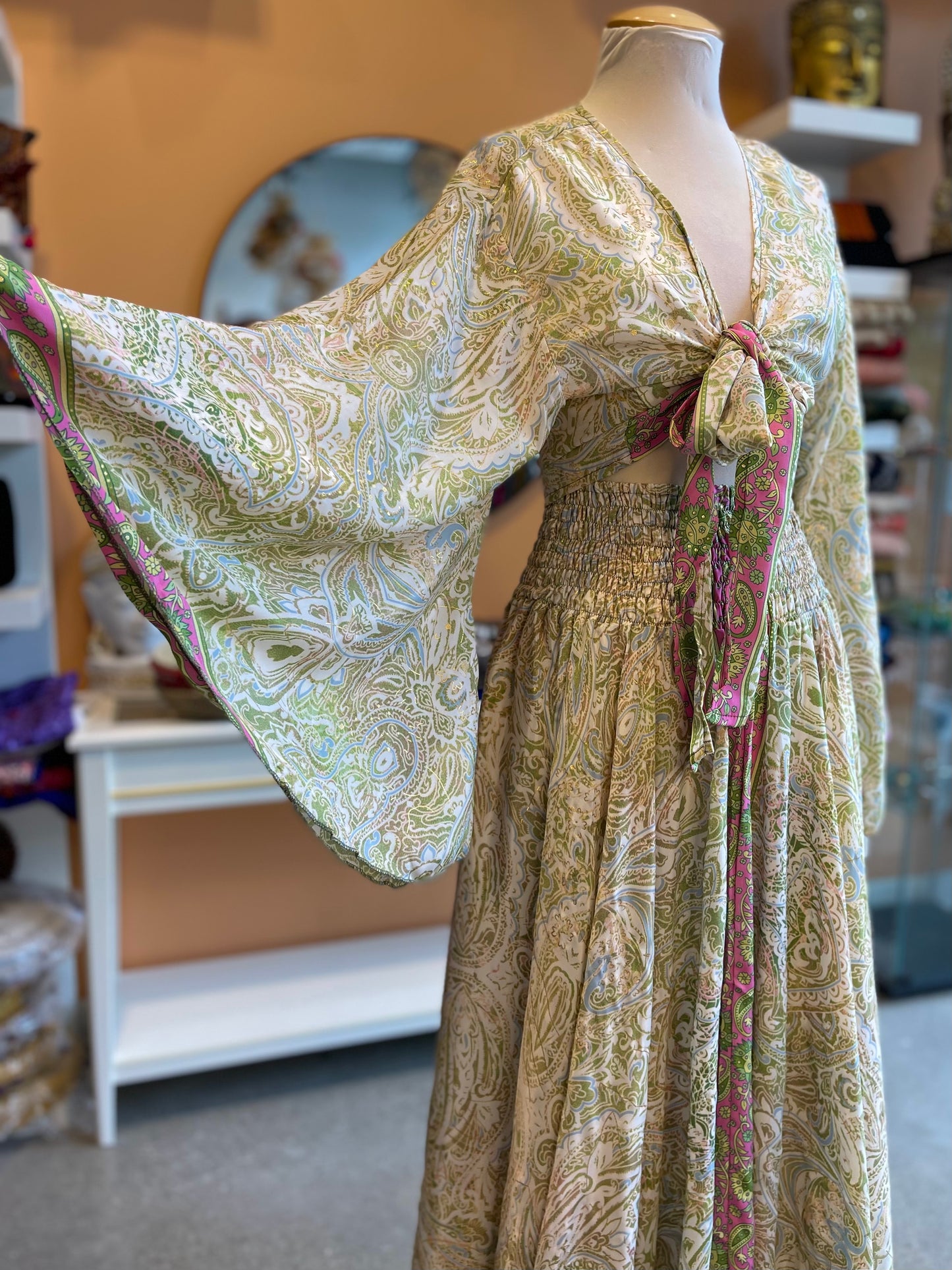 Pale Green Paisley Bell Sleeve Wrap Top Maxi Skirt Set