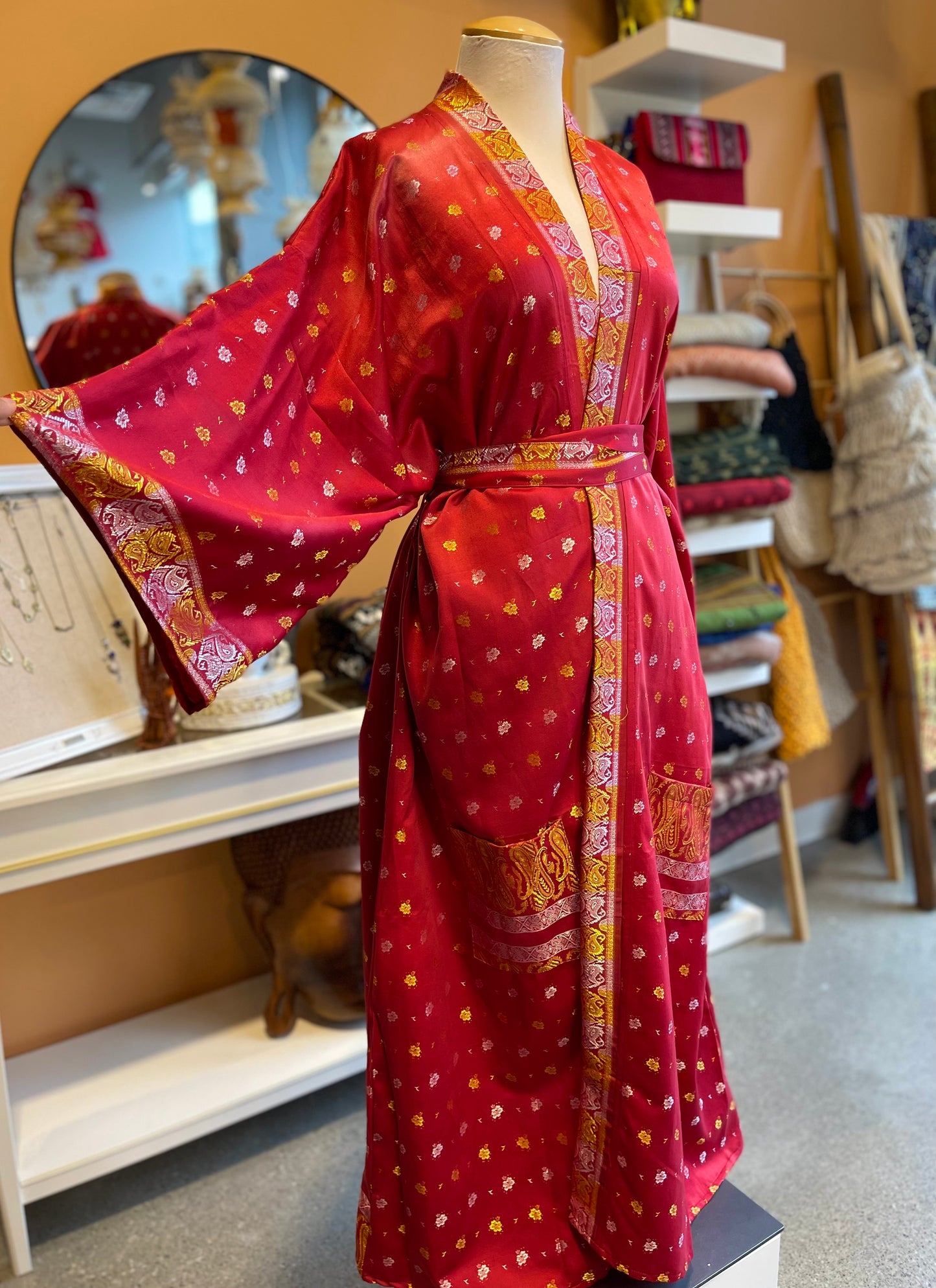 Red/Yellow Upcycled Brocade Silk Wide Sleeve Robe