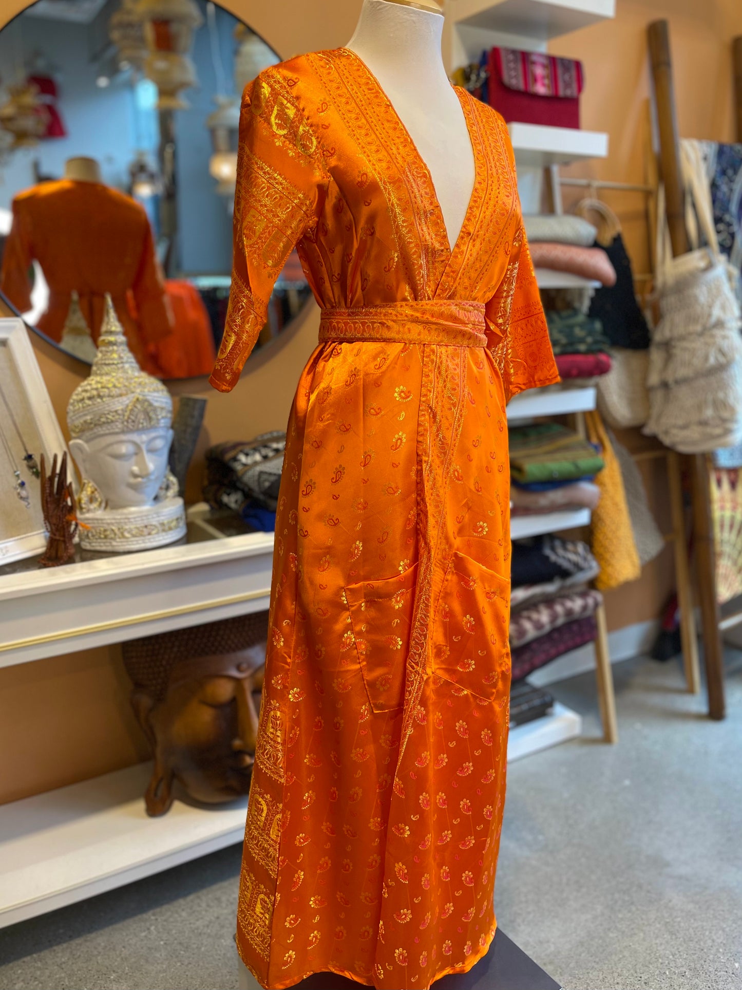 Orange/Pink Upcycled Brocade Silk Fitted Robe