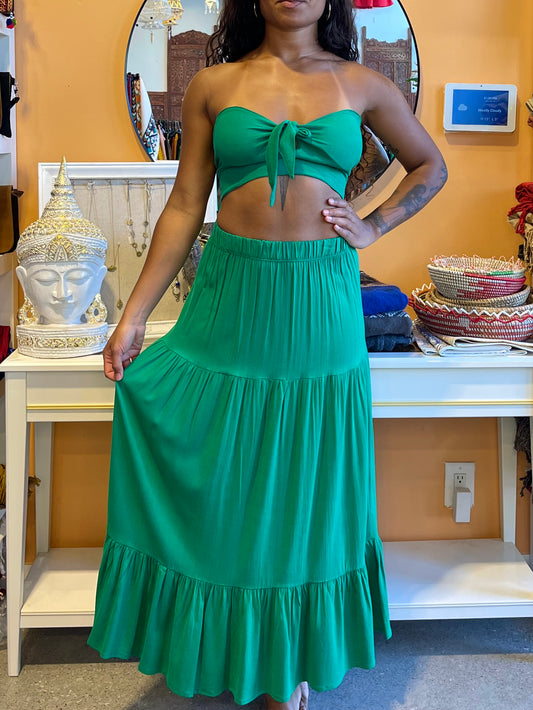 Green Linen Bandeau Skirt Set