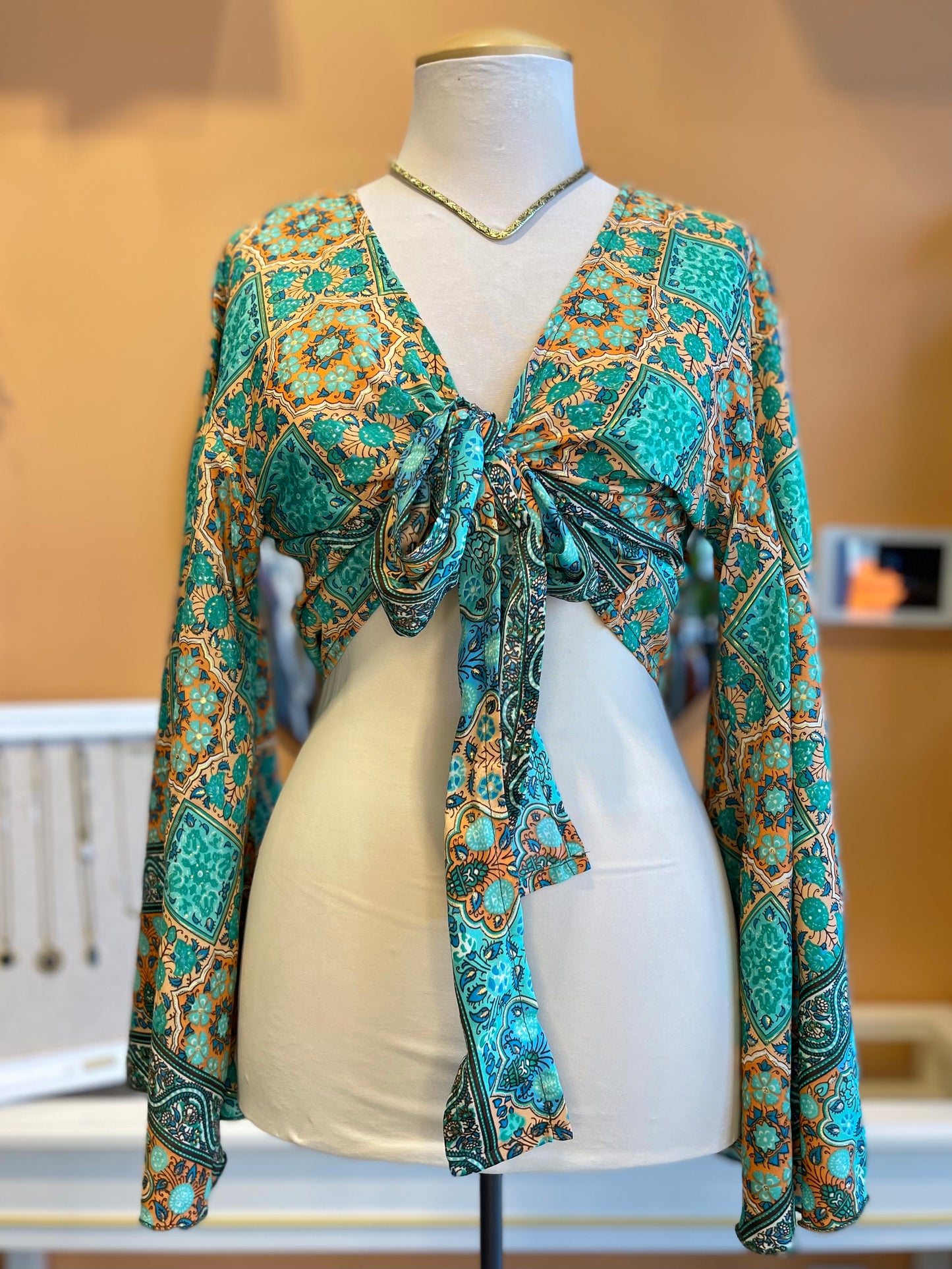 Teal/Orange/Blue/Gold Bell Sleeve Wrap Top