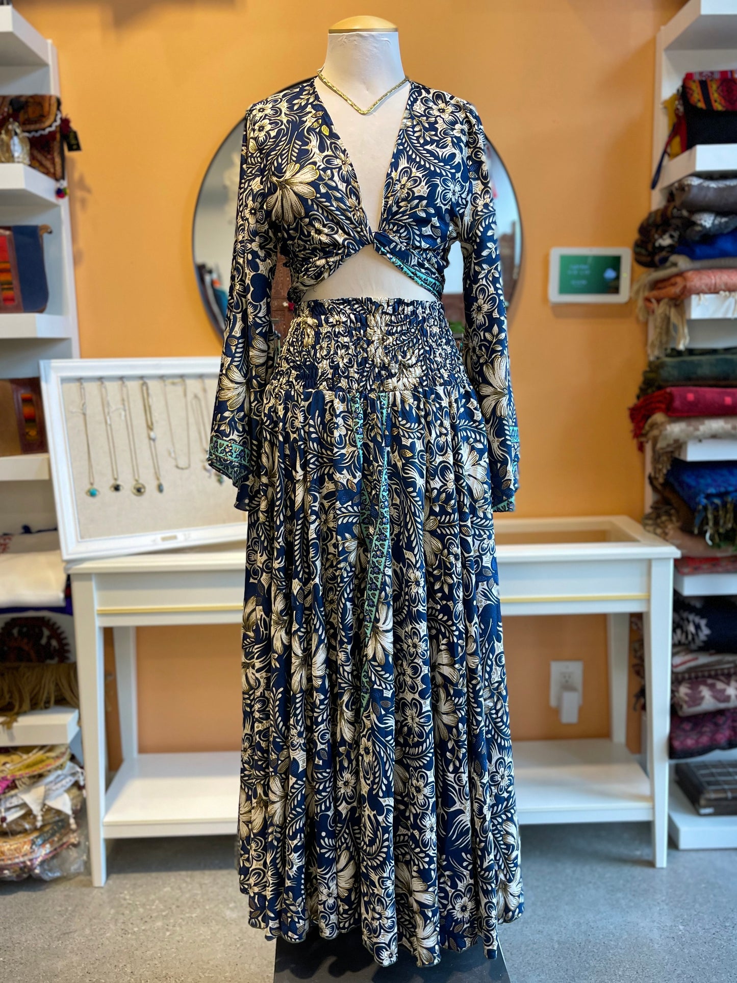 Blue/White/Gold Floral Bell Sleeve Wrap Top Maxi Skirt Set