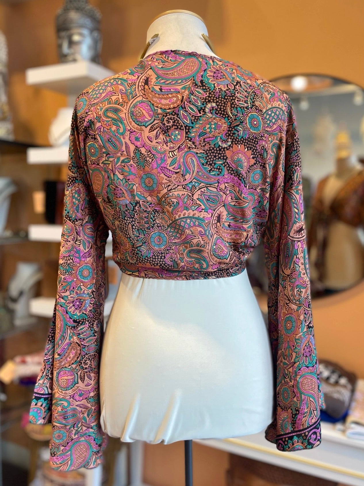 Pink/Teal/Black/Gold Paisley Bell Sleeve Wrap Top